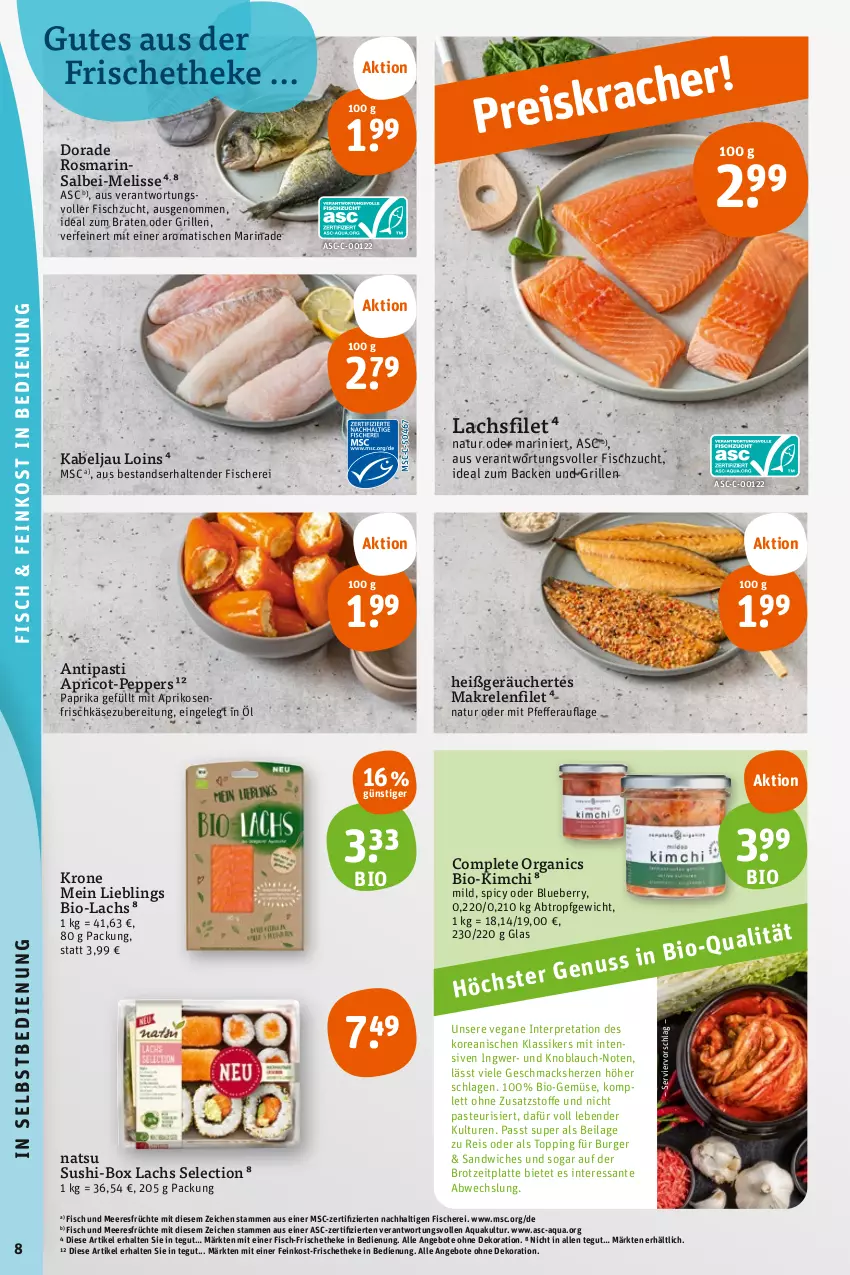 Aktueller Prospekt Tegut - Angebote der Woche - von 31.07 bis 05.08.2023 - strona 10 - produkty: angebot, angebote, antipasti, aprikose, aprikosen, aqua, asti, bio, Bio-Gemüse, blueberry, braten, brot, burger, dekoration, Dorade, eis, feinkost, filet, fisch, Fisch und Meeresfrüchte, fische, Fischer, frischkäse, frischkäsezubereitung, früchte, grill, ideal zum braten, ilag, ingwer, Käse, knoblauch, krone, lachs, lachsfilet, latte, mac, Makrele, marinade, meeresfrüchte, natur, paprika, pfeffer, reis, rel, rosmarin, sandwich, SANTE, Schere, senf, Sushi, tender, Ti, tisch