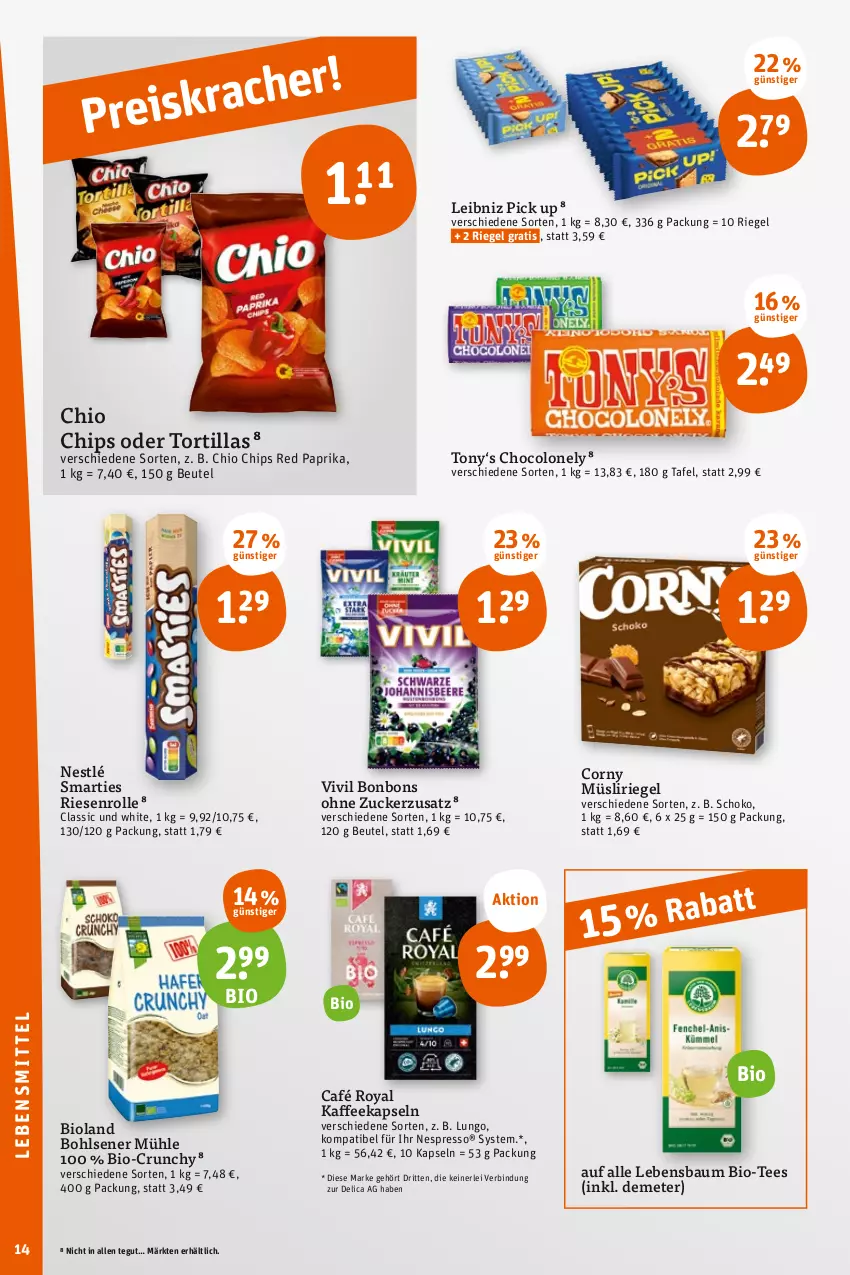 Aktueller Prospekt Tegut - Angebote der Woche - von 31.07 bis 05.08.2023 - strona 16 - produkty: Bau, beutel, bio, bioland, bonbons, café royal, chio chips, chips, corny, espresso, kaffee, kaffeekapseln, lebensmittel, leibniz, lungo, müsli, Müsliriegel, nespresso, nestlé, paprika, riegel, schoko, smarties, tee, Ti, tortilla, tortillas, zucker