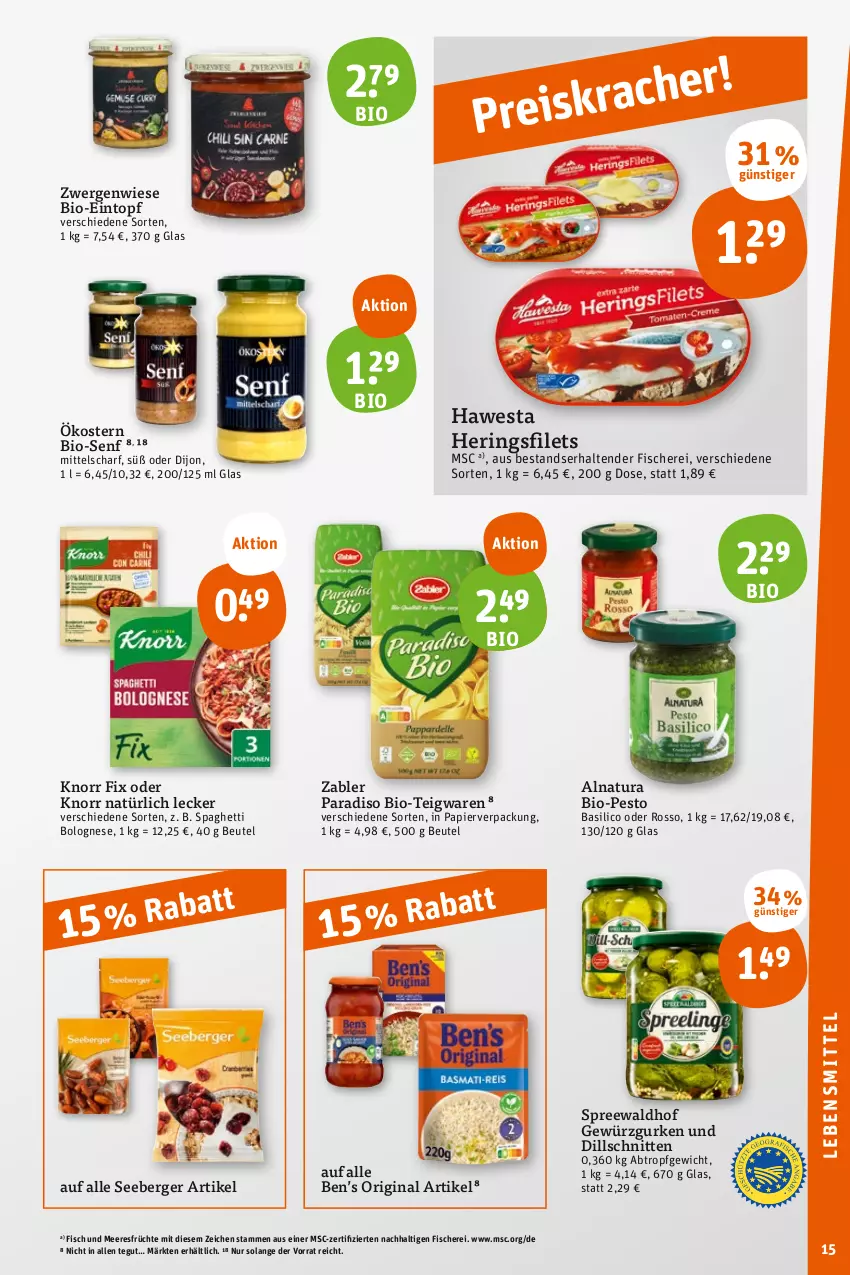 Aktueller Prospekt Tegut - Angebote der Woche - von 31.07 bis 05.08.2023 - strona 17 - produkty: basilico, Ben’s Original, Berger, beutel, bio, bolognese, eintopf, filet, filets, fisch, Fisch und Meeresfrüchte, fische, Fischer, früchte, gewürz, Gewürzgurke, gewürzgurken, gin, gurke, gurken, hawesta, hering, Herings, heringsfilets, knorr, knorr fix, lebensmittel, meeresfrüchte, natur, natura, papier, pesto, ring, Schere, schnitten, seeberger, senf, spaghetti, spaghetti bolognese, spreewaldhof, teigwaren, tender, Ti, topf, Zabler