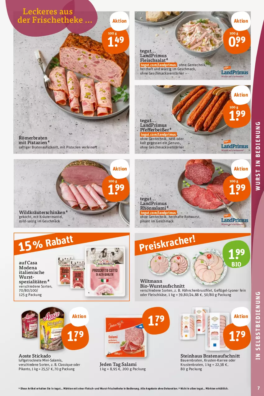 Aktueller Prospekt Tegut - Angebote der Woche - von 31.07 bis 05.08.2023 - strona 9 - produkty: angebot, angebote, aoste stickado, auer, aufschnitt, Bau, Bauer, bio, braten, bratenaufschnitt, brustfilet, Casa Modena, dekoration, eis, ente, filet, fleisch, fleischkäse, fleischsalat, Geflügel, hähnchenbrust, hähnchenbrustfilet, Käse, kräuter, krustenbraten, landprimus, lyoner, mac, Mantel, Mini-Salami, mit pistazien, Mode, nuss, pfeffer, Pfefferbeißer, pistazien, reis, Rohwurst, saft, salami, salat, salz, schinken, Spezi, steinhaus, stickado, Ti, Wild, wiltmann, wurst, Yo