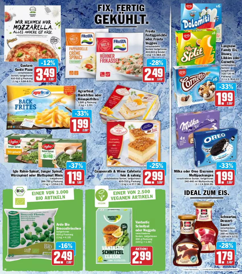 Aktueller Prospekt Hit - Prospekte - von 28.02 bis 05.03.2022 - strona 10 - produkty: agrarfrost, asti, beutel, bio, blattspinat, broccoli, coppenrath, cornetto, creme, dessert, desserts, dessertsauce, disney, eis, eiscreme, elle, fertiggericht, fertiggerichte, flasche, frosta, iglo, langnese, milka, nuggets, oreo, pizza, rahm-spinat, reis, Ria, sauce, schnitzel, Schwartau, spinat, teller, Ti, veggie