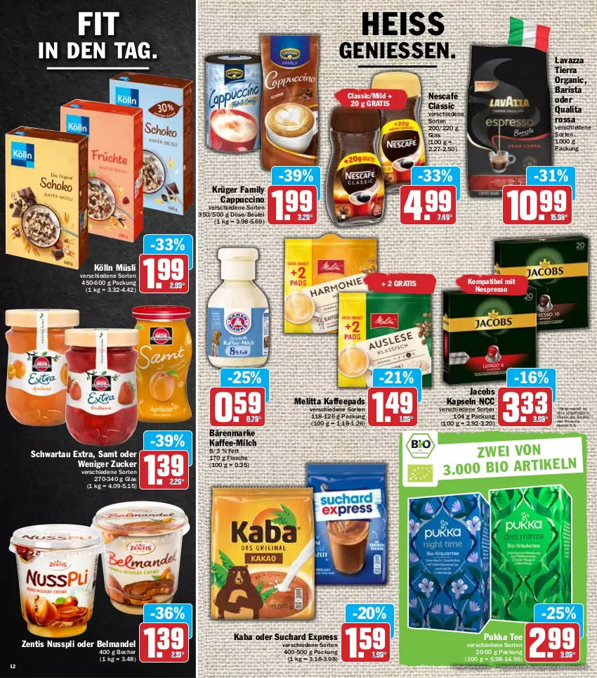 Aktueller Prospekt Hit - Prospekte - von 28.02 bis 05.03.2022 - strona 12 - produkty: bärenmarke, Becher, Belmandel, beutel, Cap, cappuccino, cin, eis, elle, espresso, flasche, jacobs, kaffee, kaffeepads, kölln, krüger, lavazza, mandel, melitta, milch, müsli, Nescafé, nespresso, nestlé, nuss, nusspli, reis, Schwartau, tee, teller, Ti, zentis, zucker