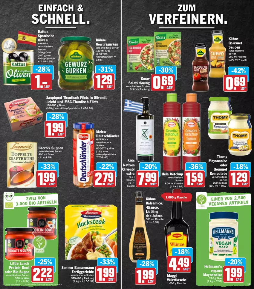 Aktueller Prospekt Hit - Prospekte - von 28.02 bis 05.03.2022 - strona 15 - produkty: balsam, balsamico, bio, eis, elle, fertiggericht, fertiggerichte, filet, filets, fisch, flasche, gewürz, Gewürzgurke, gewürzgurken, gurke, gurken, Hela, in olivenöl, ketchup, knorr, Kühne, maggi, mayonnaise, meica, natives olivenöl, olive, oliven, olivenöl, olivenöl extra, reis, remoulade, salat, salatkrönung, sauce, saucen, saupiquet, suppe, suppen, teller, thomy, thunfisch, thunfisch filets, Ti, Yo