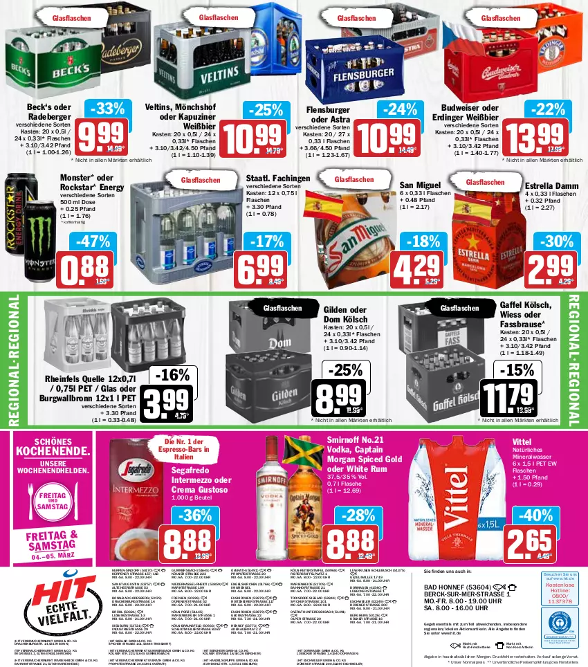 Aktueller Prospekt Hit - Prospekte - von 28.02 bis 05.03.2022 - strona 20 - produkty: Alwa, angebot, angebote, Astra, auer, Bad, Berger, beutel, bier, braun, brause, budweiser, burger, burgwallbronn, Cap, captain morgan, drucker, eimer, eis, elle, Engel, erdinger, espresso, Estrella Damm, fassbrause, fisch, flasche, flensburger, glasflasche, intermezzo, kerze, Lübecker, mineralwasser, mönchshof, monster, natürliches mineralwasser, radeberger, Rauch, reis, rel, rheinfels quelle, Rockstar, rum, Segafredo, smirnoff, Staatl. Fachingen, teller, Ti, uhr, veltins, vittel, vodka, wasser, white rum