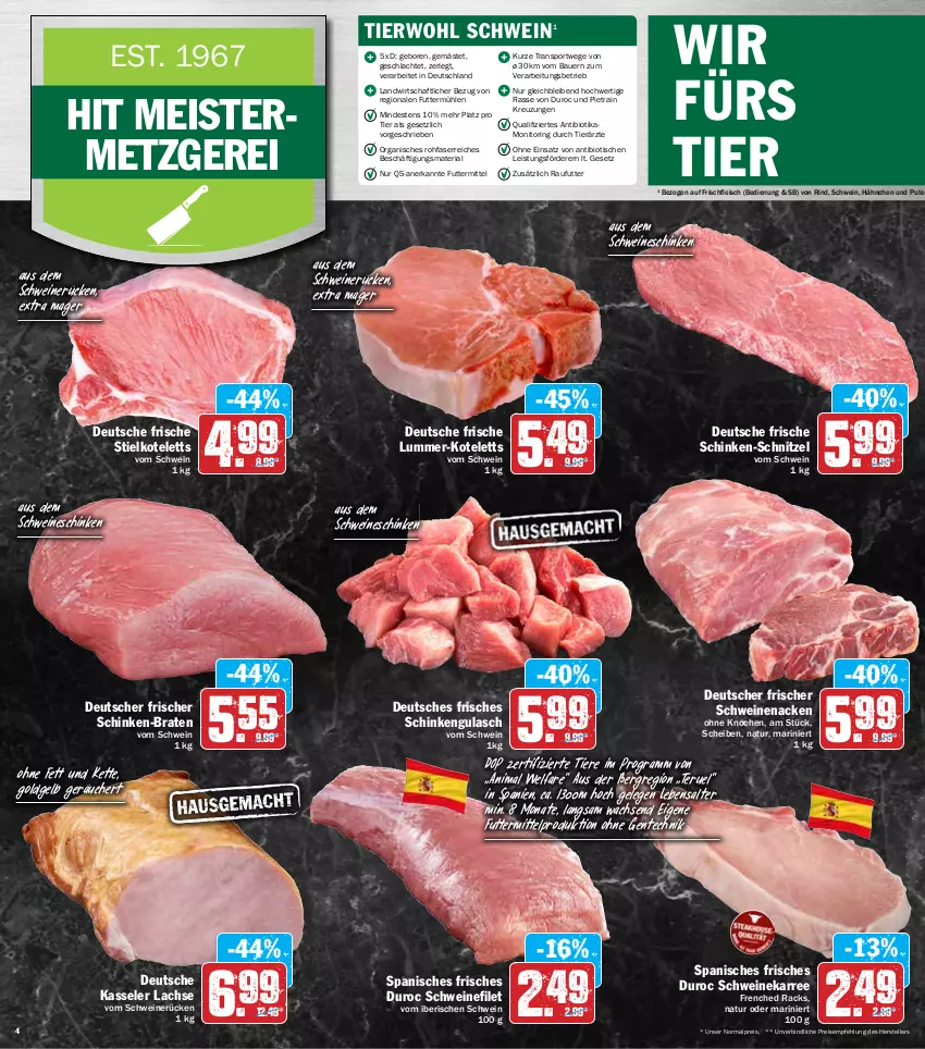 Aktueller Prospekt Hit - Prospekte - von 28.02 bis 05.03.2022 - strona 4 - produkty: auer, bio, braten, eis, elle, ente, filet, fleisch, gulasch, kasseler, Kette, kotelett, lachs, Meister, monitor, natur, pute, reis, Ria, rind, ring, schinken, schnitzel, schwein, schweine, schweinefilet, schweinenacken, schweinerücken, Sport, teller, Ti, Tiere, tisch, wein, weine, ZTE