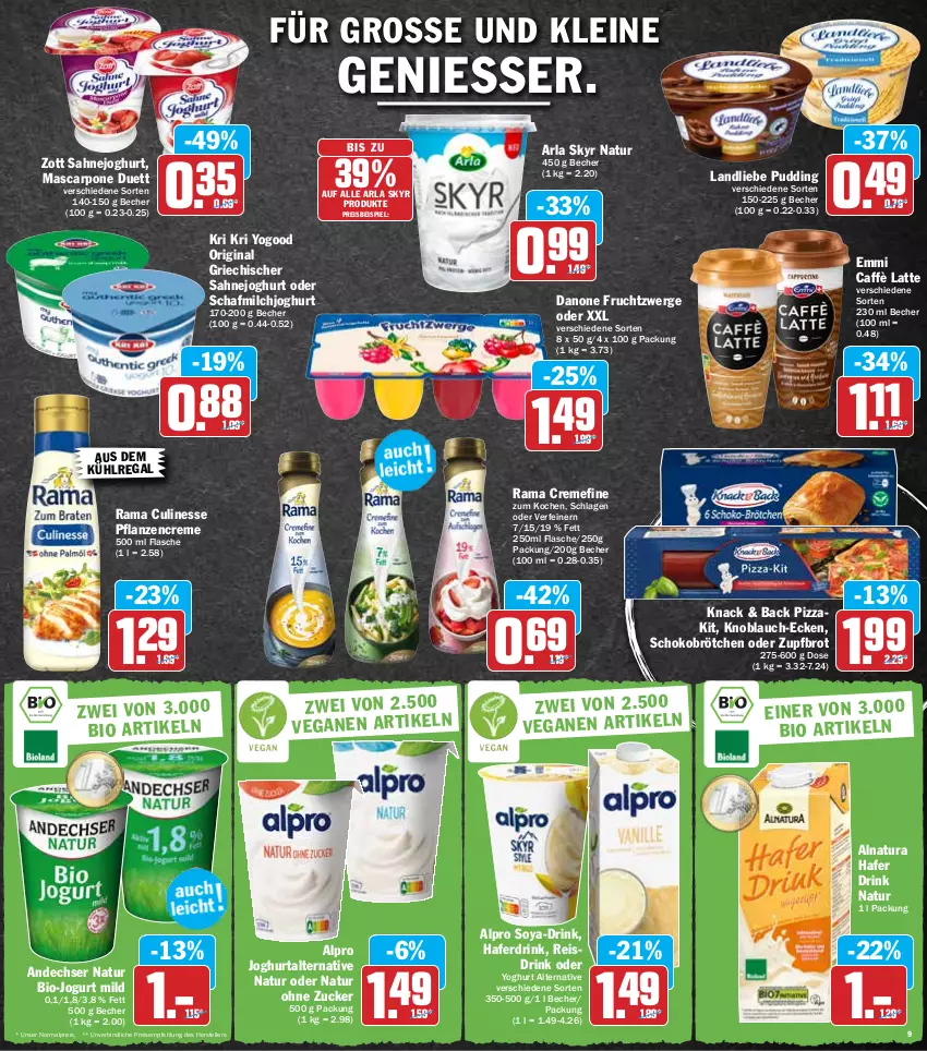 Aktueller Prospekt Hit - Prospekte - von 28.02 bis 05.03.2022 - strona 9 - produkty: alpro, andechser natur, arla, arla skyr, aus dem kühlregal, Becher, bio, brot, brötchen, caffè latte, creme, culinesse, danone, danone fruchtzwerge, drink, eis, elle, emmi, flasche, frucht, fruchtzwerge, gin, hafer, Haferdrink, joghur, joghurt, jogurt, knoblauch, kühlregal, landliebe, latte, leine, mascarpone, milch, natur, natura, pflanze, pflanzen, pflanzencreme, pizza, pudding, rama, rama cremefine, Rama Culinesse, regal, reis, Reisdrink, sahne, Sahnejoghurt, schoko, Schokobrötchen, Skyr, soya, teller, tender, Ti, Yo, yoghurt, zott, zucker