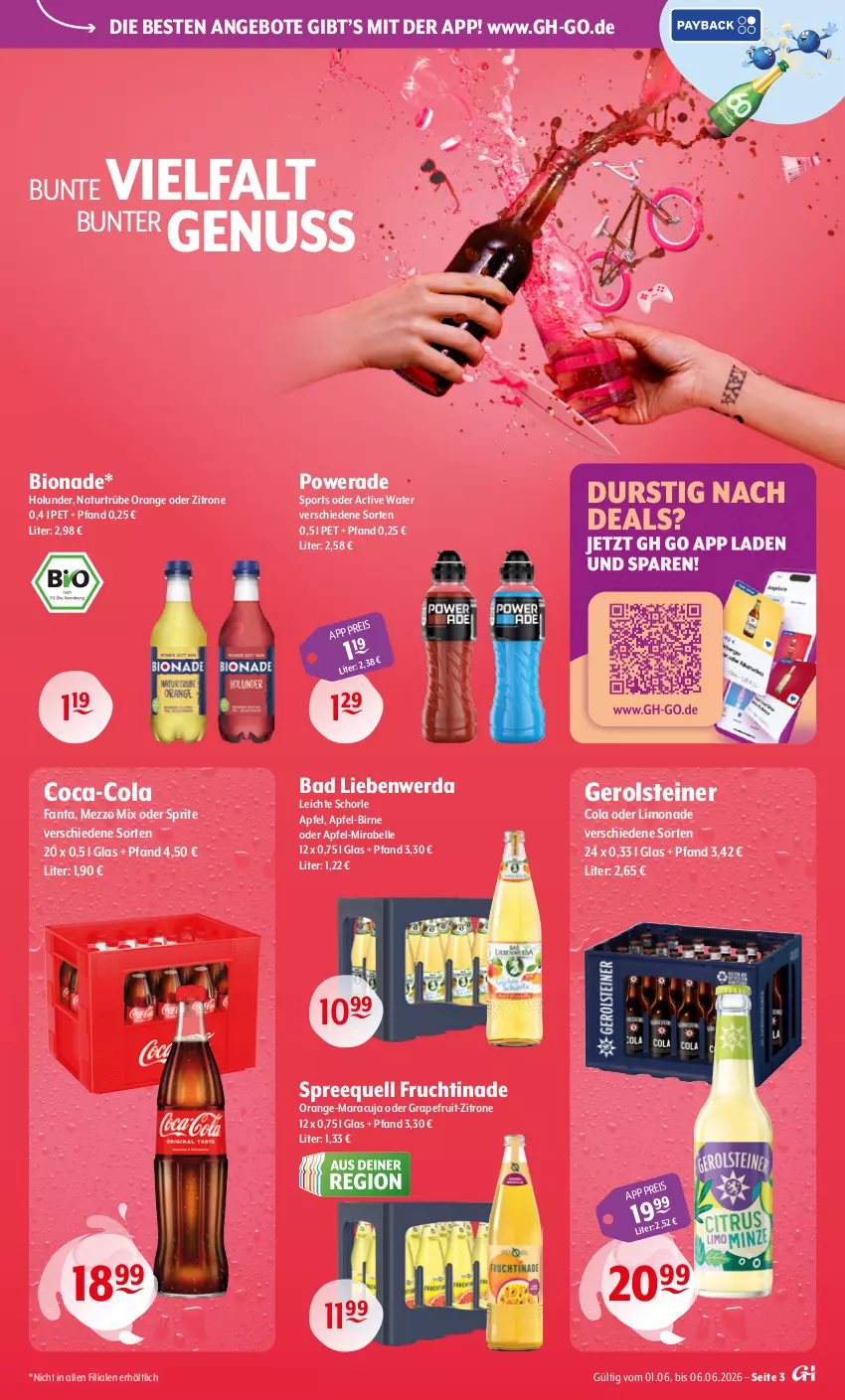 Aktueller Prospekt Getraenke Hoffmann - Prospekte - von 01.06 bis 06.06.2026 - strona 3 - produkty: angebot, angebote, apfel, Bad, Bad Liebenwerda, bio, bionade, coca-cola, cola, eis, elle, fanta, frucht, gerolsteine, gerolsteiner, grapefruit, holunder, limo, limonade, maracuja, Mezzo Mix, natur, nuss, oder sprite, orange, schorle, Sport, Spreequell, sprite, steiner, Ti, zitrone
