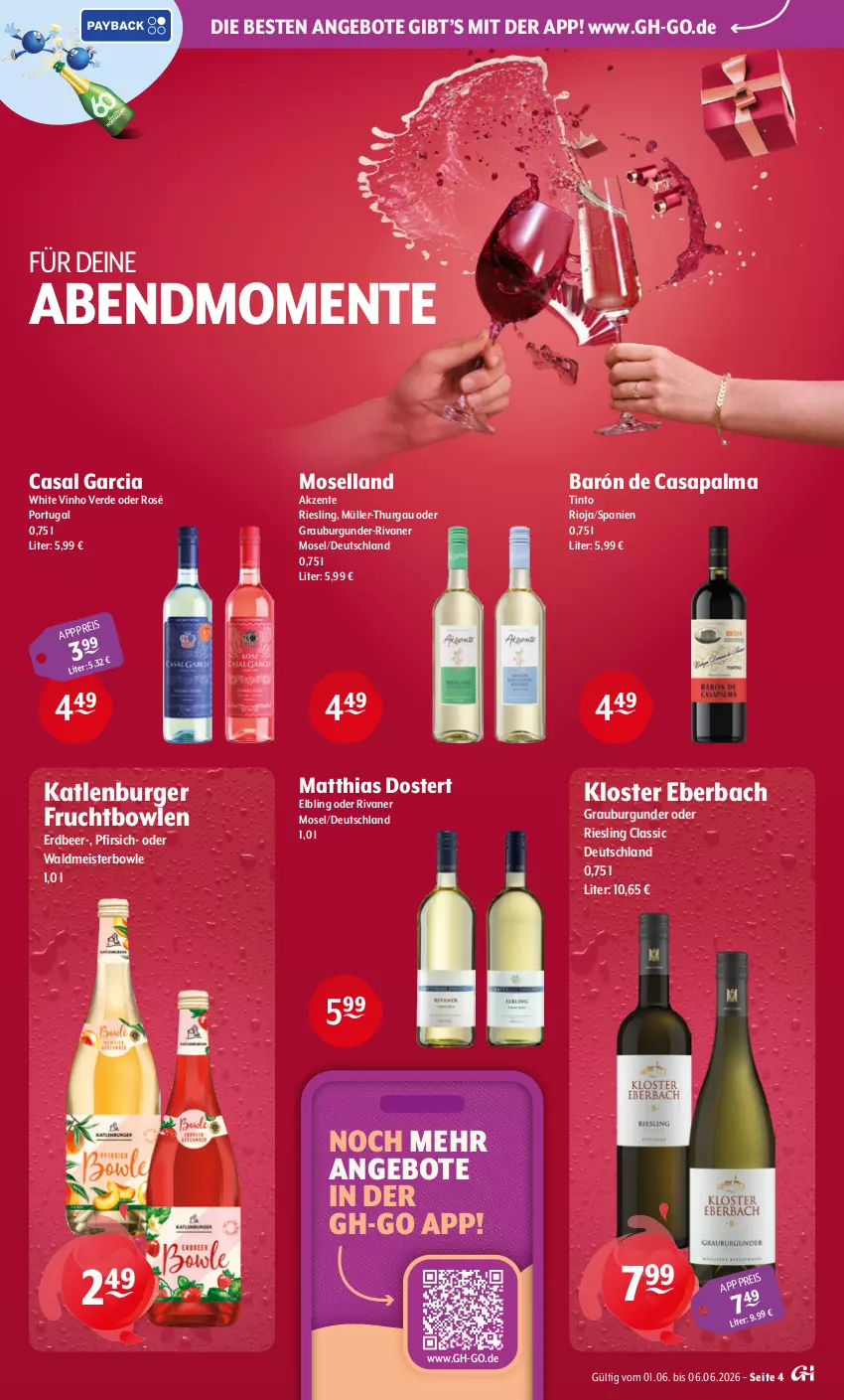 Aktueller Prospekt Getraenke Hoffmann - Prospekte - von 01.06 bis 06.06.2026 - strona 4 - produkty: angebot, angebote, bowle, burger, burgunder, casal garcia, eis, ente, erde, frucht, grauburgunder, katlenburger, Kloster Eberbach, Meister, moselland, Müller, Müller-Thurgau, pfirsich, riesling, rioja, Rivaner, Ti, vinho verde, waldmeister