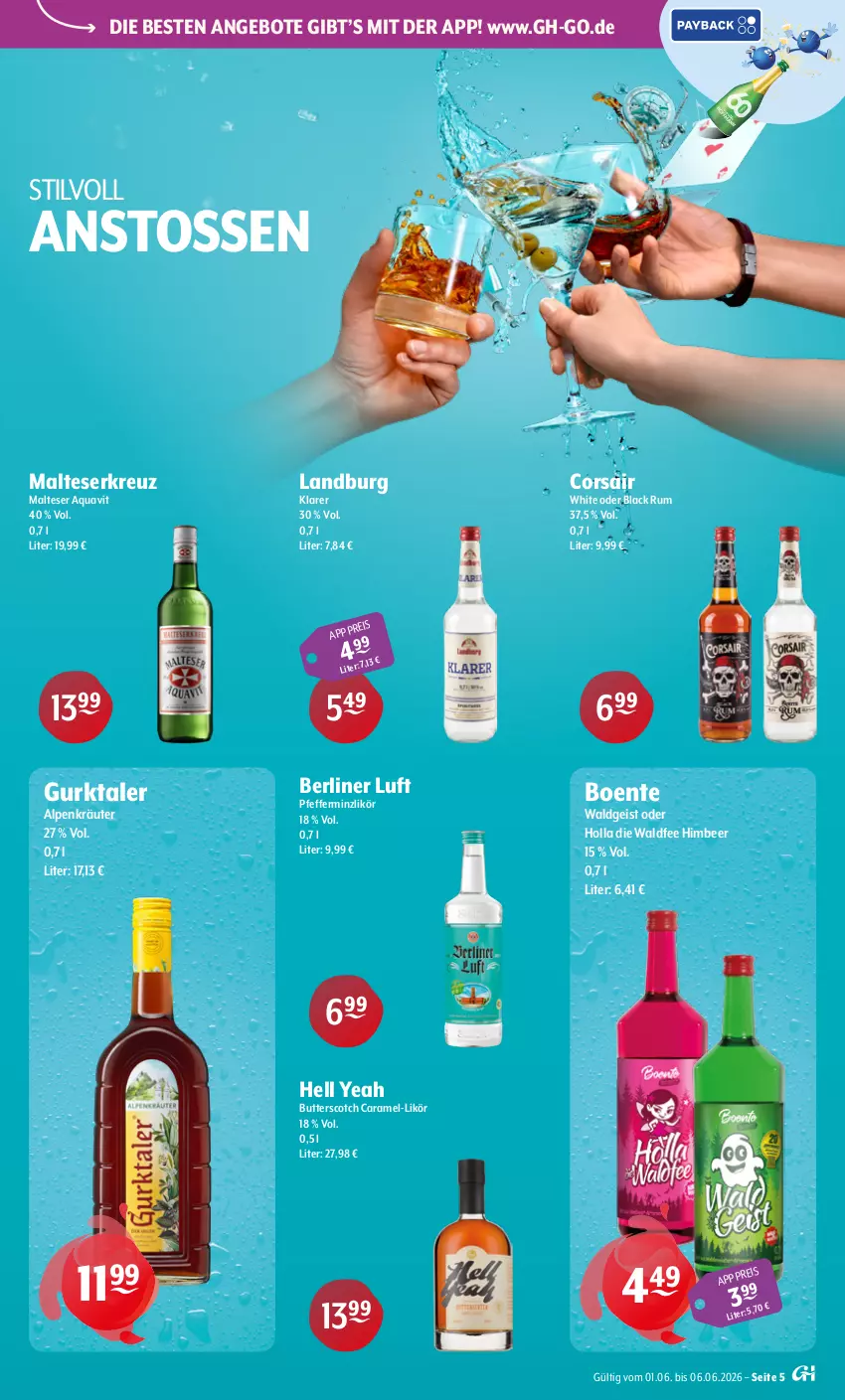 Aktueller Prospekt Getraenke Hoffmann - Prospekte - von 01.06 bis 06.06.2026 - strona 5 - produkty: angebot, angebote, aqua, aquavit, berliner, berliner luft, butter, caramel, eis, ente, Gurktaler, himbeer, kräuter, lack, likör, malteser, pfeffer, pfefferminzlikör, rum, scotch, Ti