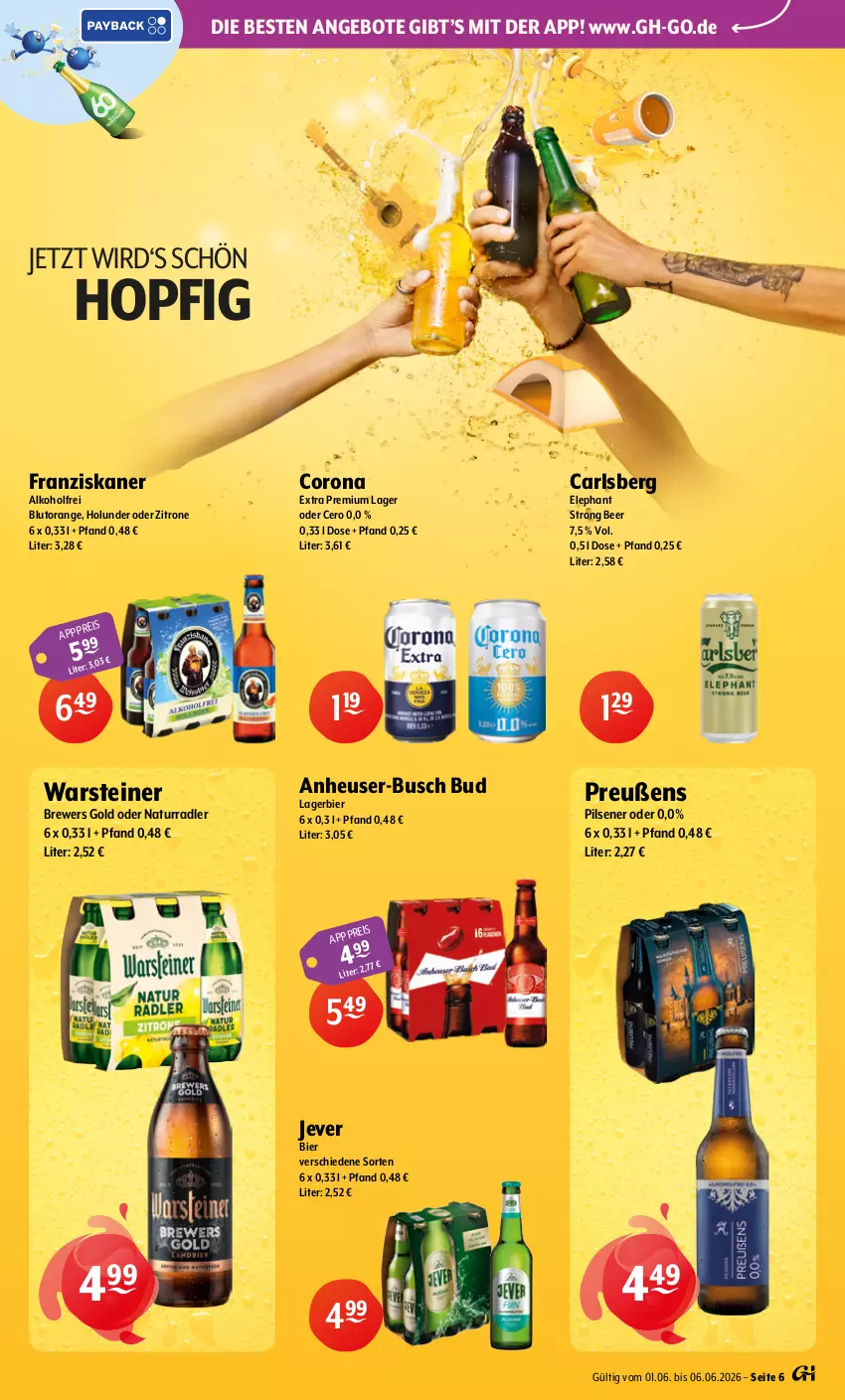 Aktueller Prospekt Getraenke Hoffmann - Prospekte - von 01.06 bis 06.06.2026 - strona 6 - produkty: alkohol, angebot, angebote, bier, Blutorange, carlsberg, corona, corona extra, eis, franziskaner, Heu, holunder, jever, Lagerbier, natur, orange, pils, pilsener, radler, steiner, Ti, warsteiner, zitrone