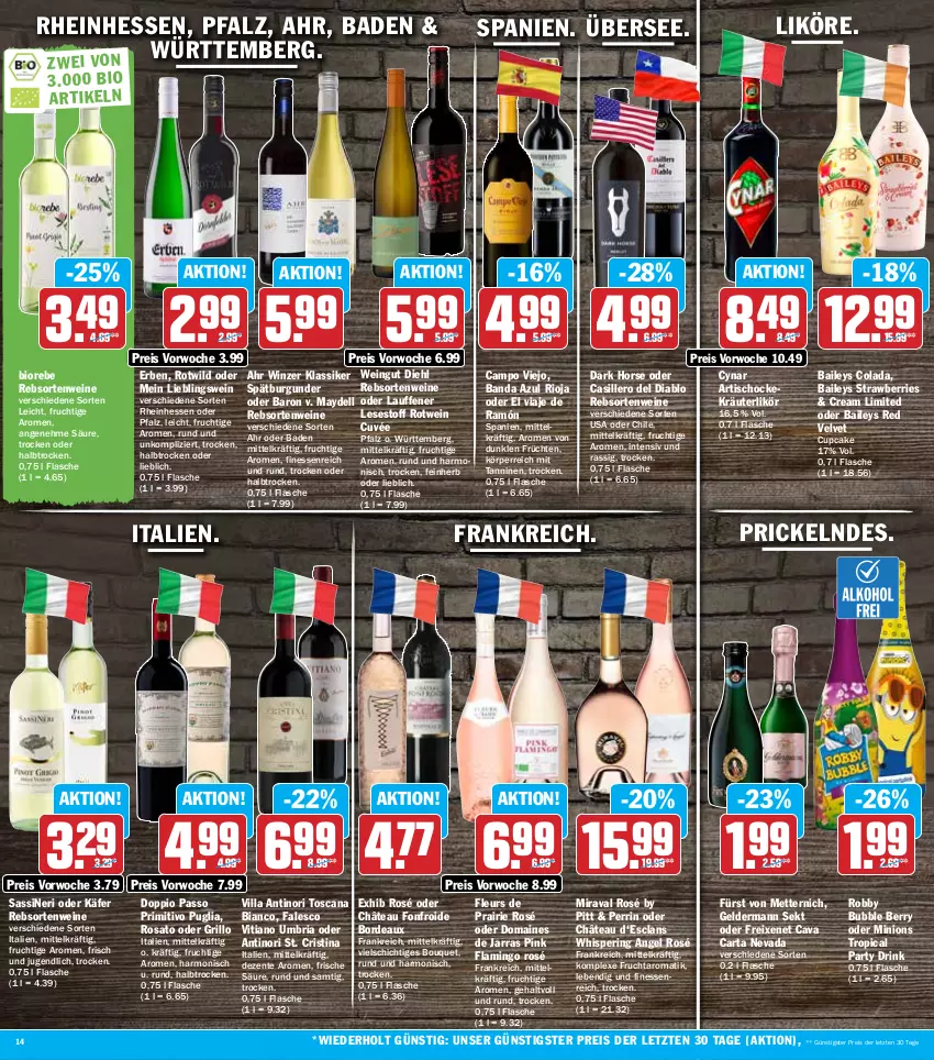 Aktueller Prospekt Hit - Prospekte - von 04.07 bis 09.07.2022 - strona 14 - produkty: Bad, baileys, bio, burgunder, campo viejo, Cava, cola, cuvée, dell, doppio passo, drink, eis, ente, finesse, flasche, freixenet, frucht, früchte, früchten, fürst von metternich, geldermann, grill, grillo, gsw, käfer, kräuter, kräuterlikör, likör, Mett, metternich, passo, primitivo, rebsortenweine, reis, Ria, ring, rioja, robby, rosato, rotwein, sekt, spätburgunder, Ti, tisch, velvet, wein, weine, Wild, ZTE