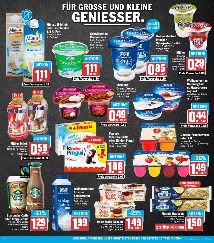 Aktueller Prospekt Hit - Prospekte - von 04.07 bis 09.07.2022 - strona 8 - produkty: baguette, Becher, caffe, cin, creme, danone, danone fruchtzwerge, dessert, ehrmann, Ehrmann Grand Dessert, eis, ferrero, flasche, froop, frucht, fruchtjoghurt, fruchtzwerge, joghur, joghurt, joghurt mild, Kinder, kinder pingui, leine, mascarpone, meggle, milch, milch-schnitte, Müller, müller froop, natur, naturjoghurt, pingui, quark, rahmjoghurt, reis, schlagrahm, starbucks, Ti, weihenstephan, ZTE