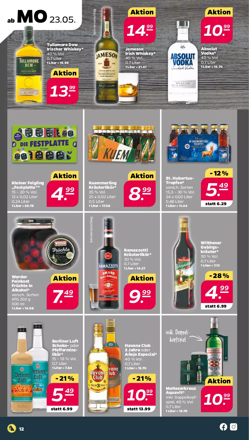 Aktueller Prospekt Netto - Angebote ab Montag - von 23.05 bis 28.05.2022 - strona 12 - produkty: Absolut Vodka, alkohol, aqua, aquavit, berliner, berliner luft, erde, feinkost, festplatte, früchte, grill, Havana Club, irish whiskey, jameson, kleiner feigling, kräuter, kräuterlikör, kuemmerling, latte, leine, likör, malteser, merl, pfeffer, pfefferminzlikör, rama, ramazzott, ramazzotti, schoko, Ti, tullamore, tullamore dew, vodka, whiskey, wilthener, zott