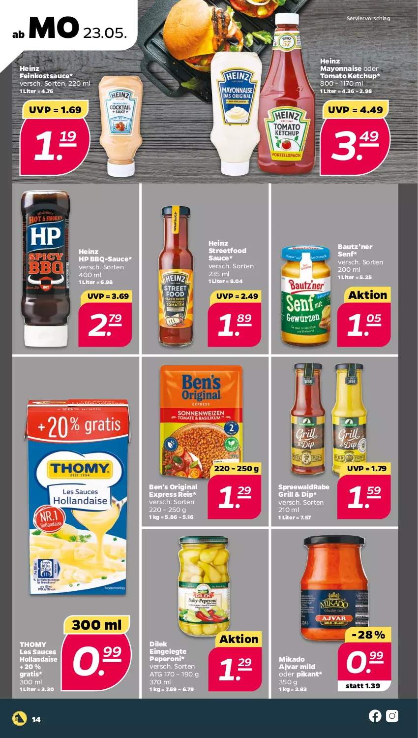 Aktueller Prospekt Netto - Angebote ab Montag - von 23.05 bis 28.05.2022 - strona 14 - produkty: Ajvar, Bau, bbq-sauce, Ben’s Original, dip, eis, feinkost, gin, grill, heinz, hollandaise, HP, ketchup, mayonnaise, mikado, peperoni, Peroni, reis, sauce, senf, thomy, thomy les sauces, Ti, tomato ketchup, Yo