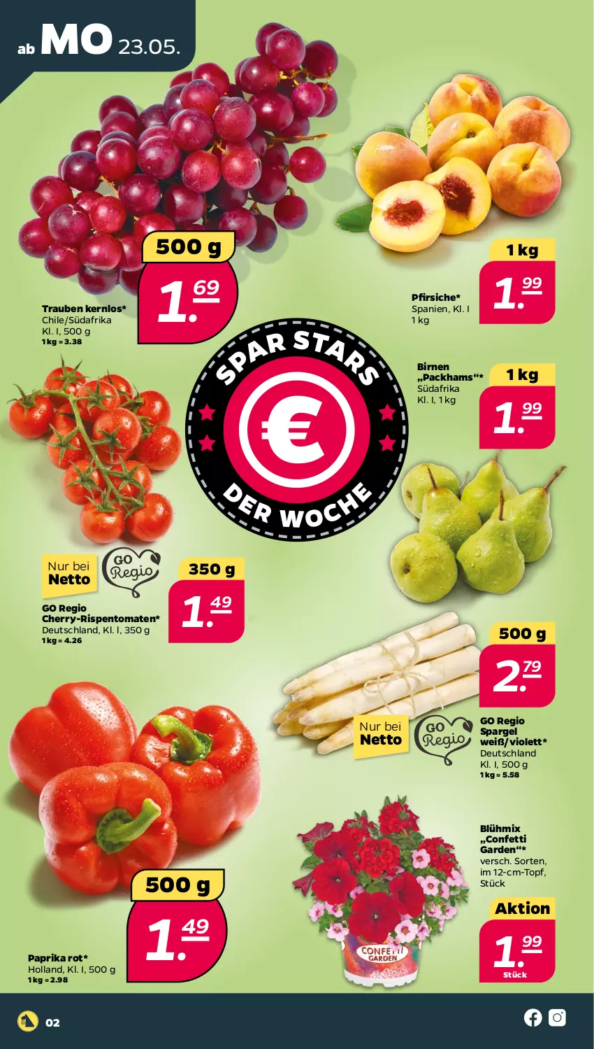 Aktueller Prospekt Netto - Angebote ab Montag - von 23.05 bis 28.05.2022 - strona 2 - produkty: Birnen, paprika, paprika rot, pfirsich, pfirsiche, rispentomaten, spargel, Ti, tomate, tomaten, topf, trauben