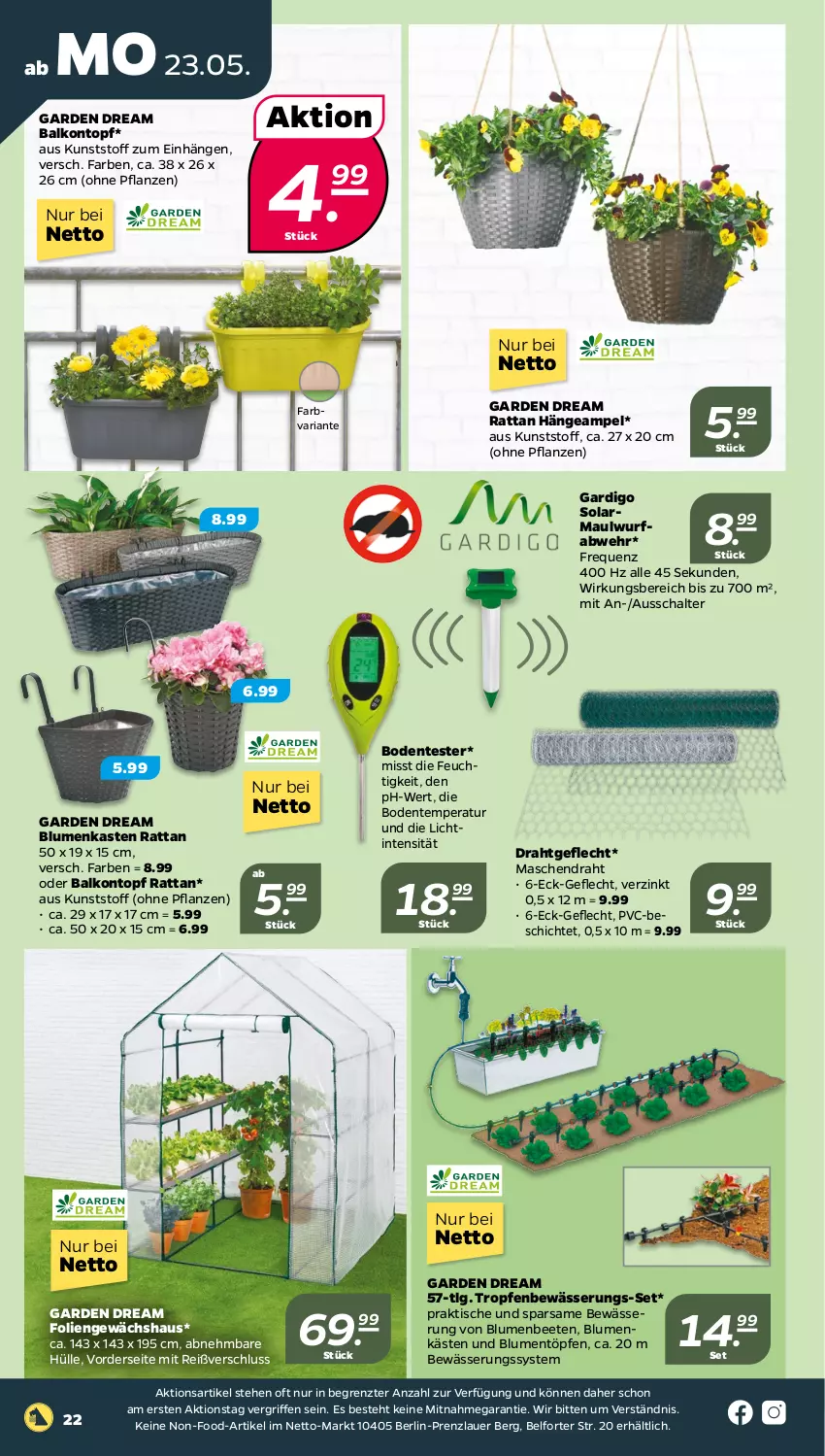 Aktueller Prospekt Netto - Angebote ab Montag - von 23.05 bis 28.05.2022 - strona 22 - produkty: auer, blume, blumen, Draht, ente, Gewächshaus, Hängeampel, LG, pflanze, pflanzen, Ria, Schal, Ti, tisch, topf, ZTE