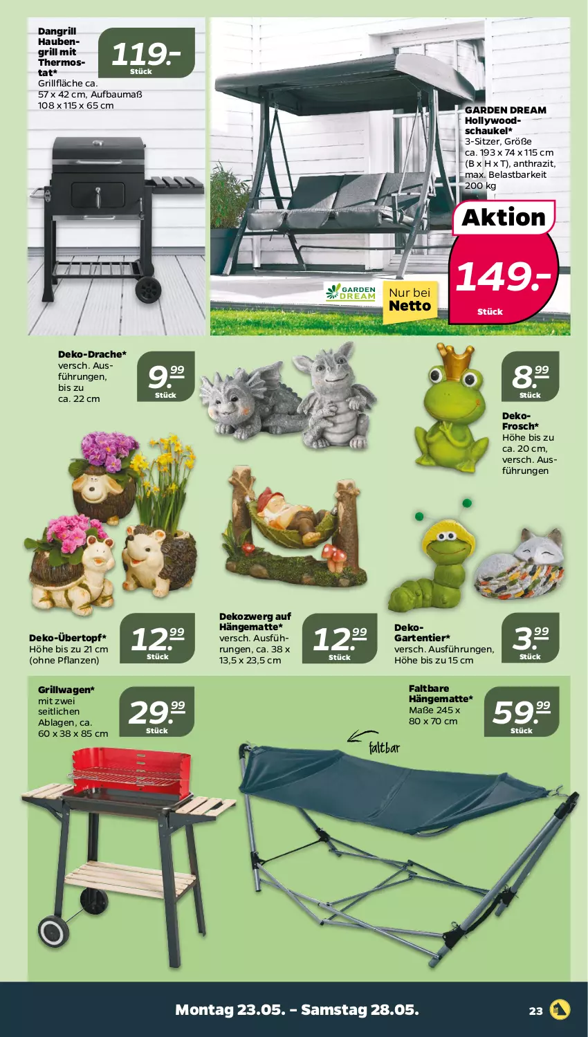 Aktueller Prospekt Netto - Angebote ab Montag - von 23.05 bis 28.05.2022 - strona 23 - produkty: Bau, Frosch, Garten, grill, grillfläche, hängematte, hollywoodschaukel, pflanze, pflanzen, Schaukel, thermostat, Ti, topf, übertopf