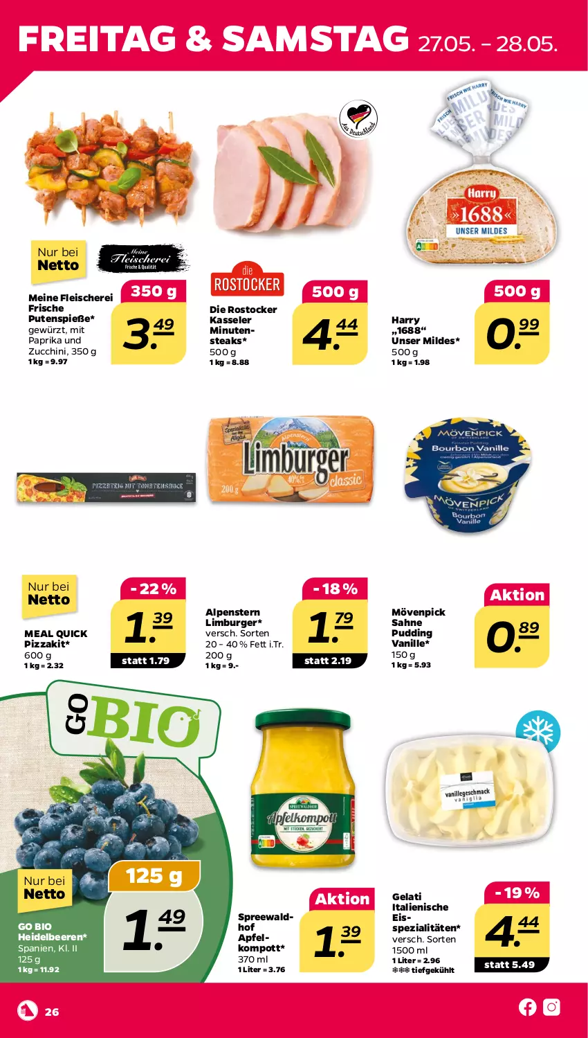 Aktueller Prospekt Netto - Angebote ab Montag - von 23.05 bis 28.05.2022 - strona 26 - produkty: apfel, beere, beeren, bio, burger, eis, fleisch, Fleischerei, gewürz, heidelbeere, heidelbeeren, kasseler, Limburger, minutensteaks, mit paprika, mövenpick, paprika, pizza, pudding, pute, Rostocker, sahne, Schere, Spezi, spreewaldhof, steak, steaks, Ti, vanille, zucchini