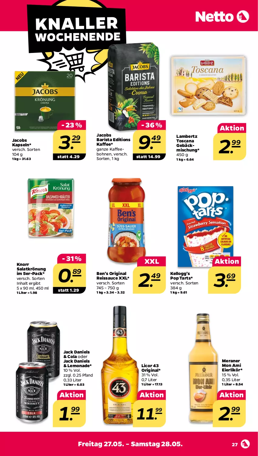 Aktueller Prospekt Netto - Angebote ab Montag - von 23.05 bis 28.05.2022 - strona 27 - produkty: Amber, Ben’s Original, bohne, bohnen, cola, eier, eierlikör, eis, gebäckmischung, gin, jack daniel, jack daniels, jacobs, kaffee, kaffeebohnen, knorr, lambertz, lemonade, licor, licor 43, likör, reis, reiss, salat, salatkrönung, sauce, Ti