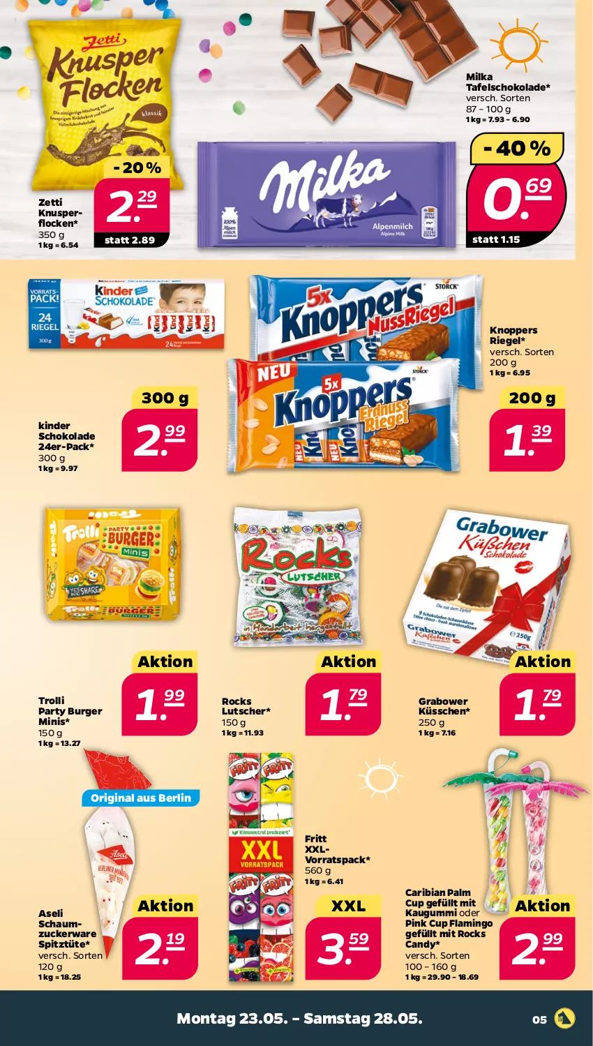 Aktueller Prospekt Netto - Angebote ab Montag - von 23.05 bis 28.05.2022 - strona 5 - produkty: burger, gin, kaugummi, Kinder, kinder schokolade, knoppers, Knusperflocken, Lutscher, milka, riegel, Schaumzucker, schoko, schokolade, tafelschokolade, Ti, trolli, Tüte, zucker