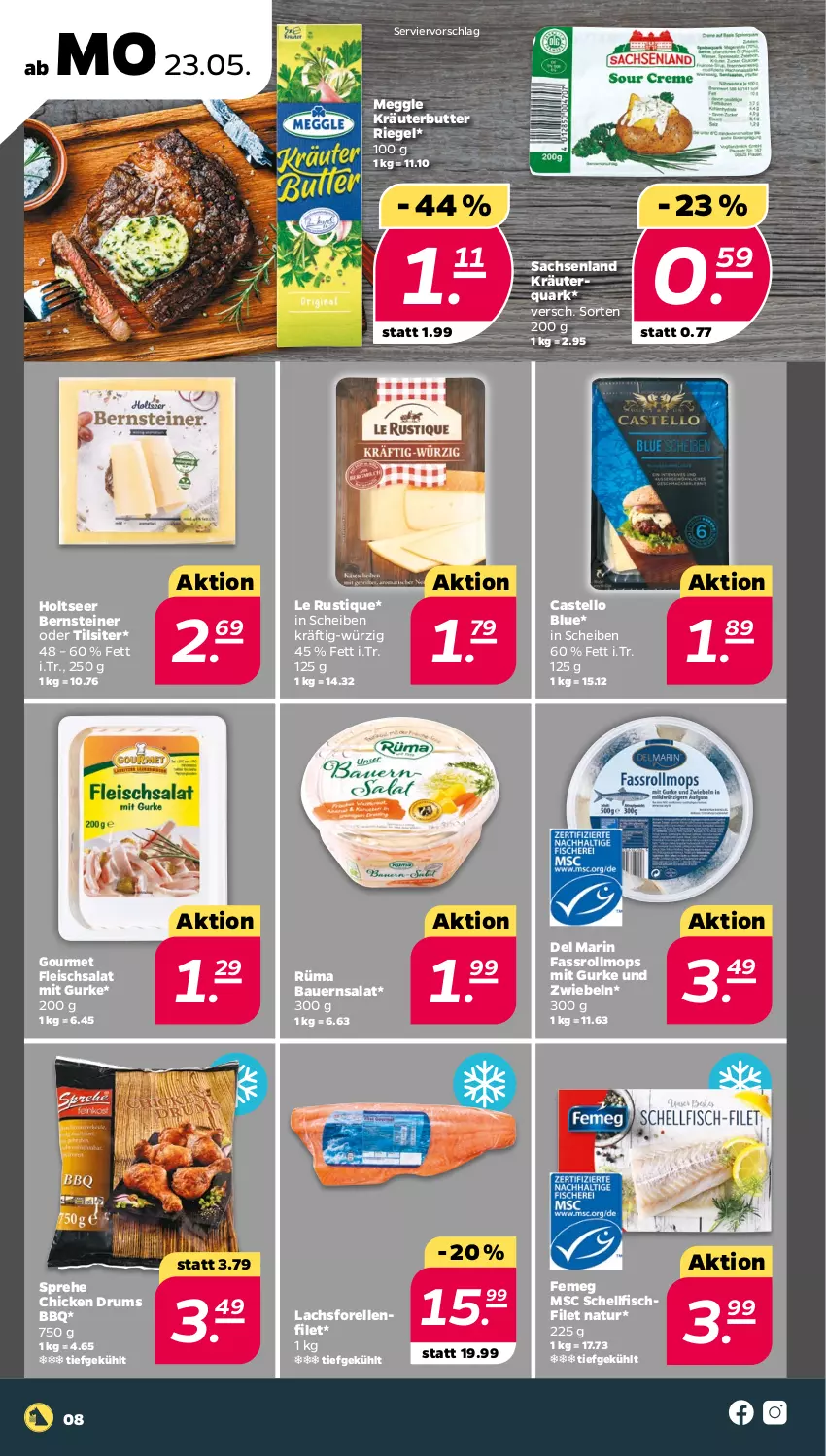 Aktueller Prospekt Netto - Angebote ab Montag - von 23.05 bis 28.05.2022 - strona 8 - produkty: auer, Bau, Bauer, Bauernsalat, butter, eis, elle, femeg, filet, fisch, fleisch, fleischsalat, forelle, gurke, Holts, kräuter, kräuterbutter, lachs, Le Rustique, meggle, natur, quark, rel, riegel, rum, sac, salat, steiner, Ti, Tilsiter, zwiebel, zwiebeln