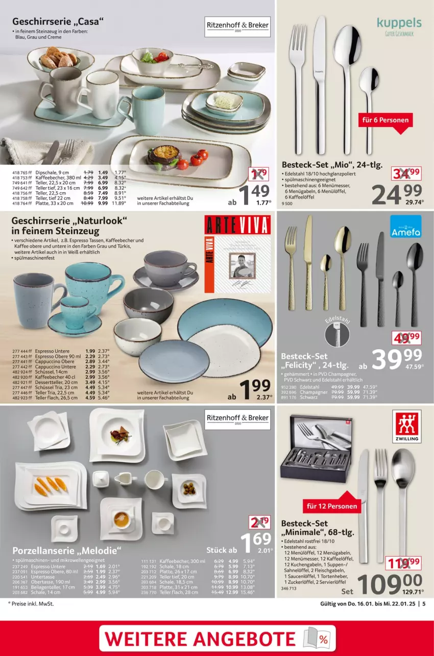 Aktueller Prospekt Selgros - Non Food - von 16.01 bis 22.01.2025 - strona 5 - produkty: Abtei, angebot, angebote, Becher, besteck, besteck-set, Cap, cappuccino, cin, creme, dessert, Dessertteller, dip, Dipschale, edelstahl, eis, elle, espresso, fleisch, gabel, geschirr, Geschirrserie, hochglanz, kaffee, kaffeebecher, kuchen, latte, LG, Löffel, messer, natur, reis, Ria, sahne, sauce, saucen, Schal, Schale, schüssel, spülmaschinen, suppe, suppen, tasse, teller, Ti, torte, zucker