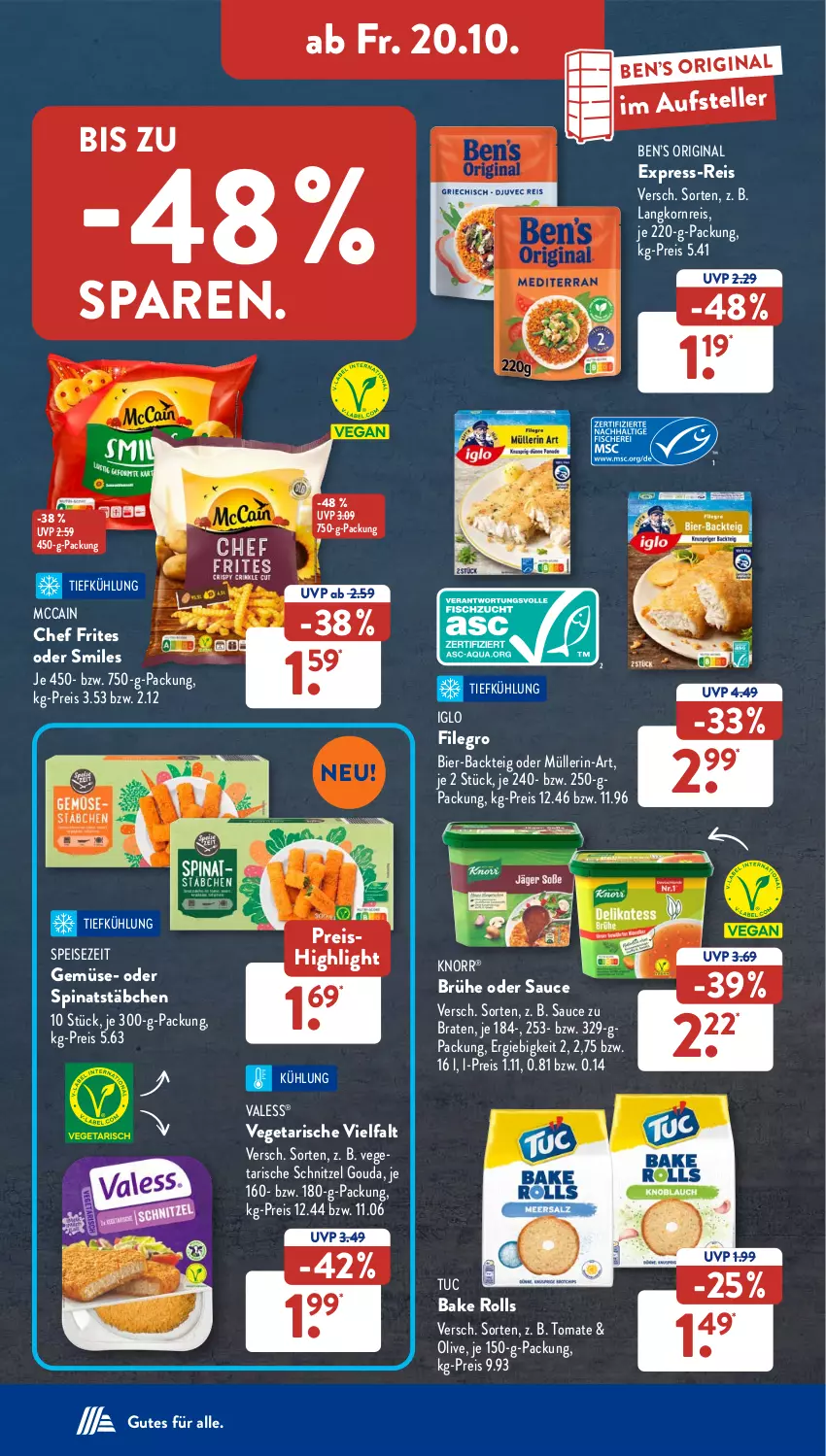 Aktueller Prospekt AldiSud - NÄCHSTE WOCHE - von 16.10 bis 21.10.2023 - strona 32 - produkty: Ben’s Original, bier, braten, Brühe, eis, elle, express-reis, filegro, gin, gouda, iglo, knorr, korn, Langkornreis, mccain, Müller, olive, reis, sauce, schnitzel, spinat, teller, Ti, tomate, tuc, Vegeta