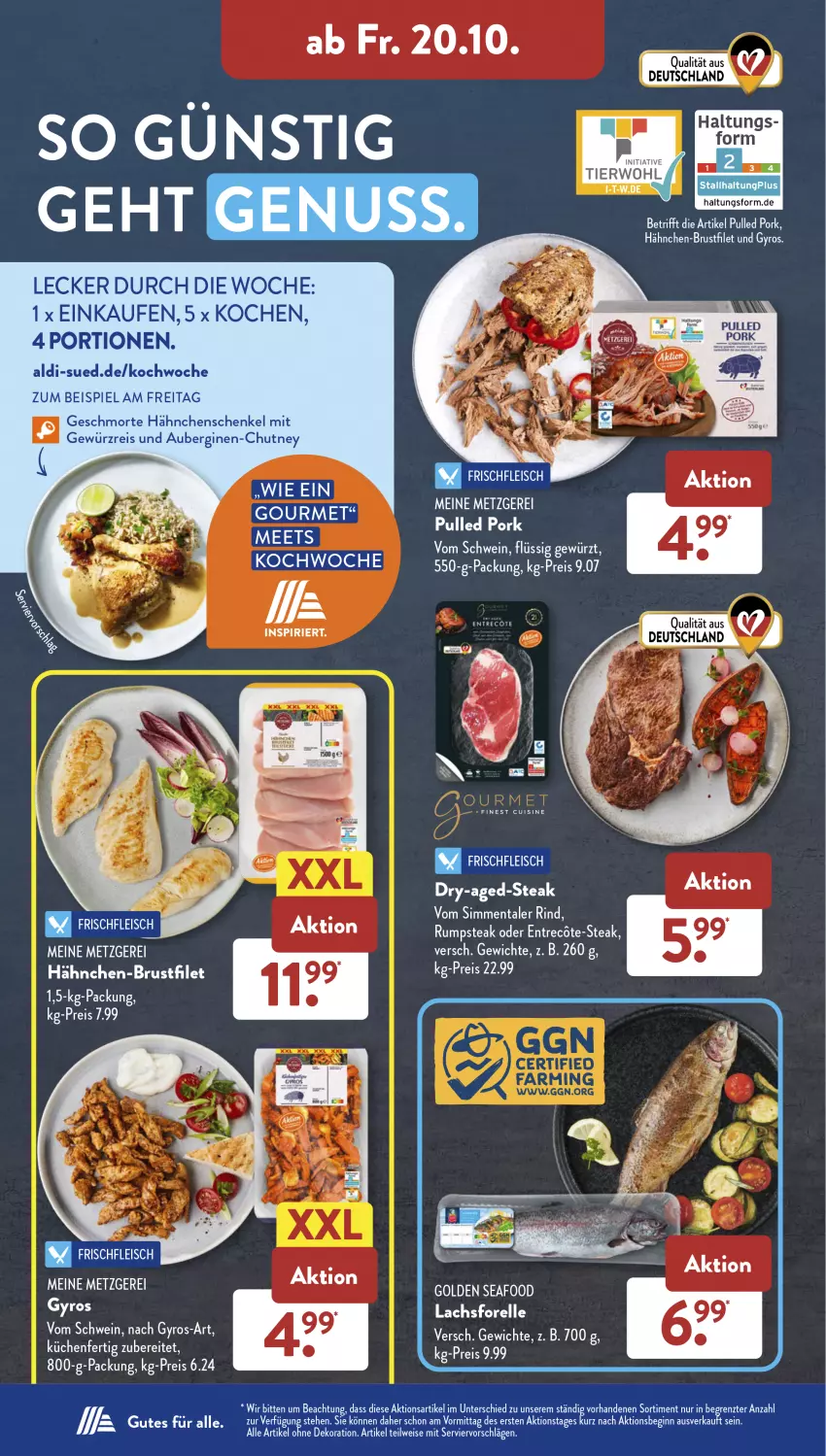 Aktueller Prospekt AldiSud - NÄCHSTE WOCHE - von 16.10 bis 21.10.2023 - strona 34 - produkty: aldi, aubergine, auberginen, brustfilet, dekoration, eis, elle, ente, filet, forelle, gewürz, gin, gyros, hähnchen-brustfilet, hähnchenschenkel, henkel, lachs, Pulled Pork, reis, rel, rind, rum, rumpsteak, schenkel, schwein, sim, steak, Ti, wein, ZTE