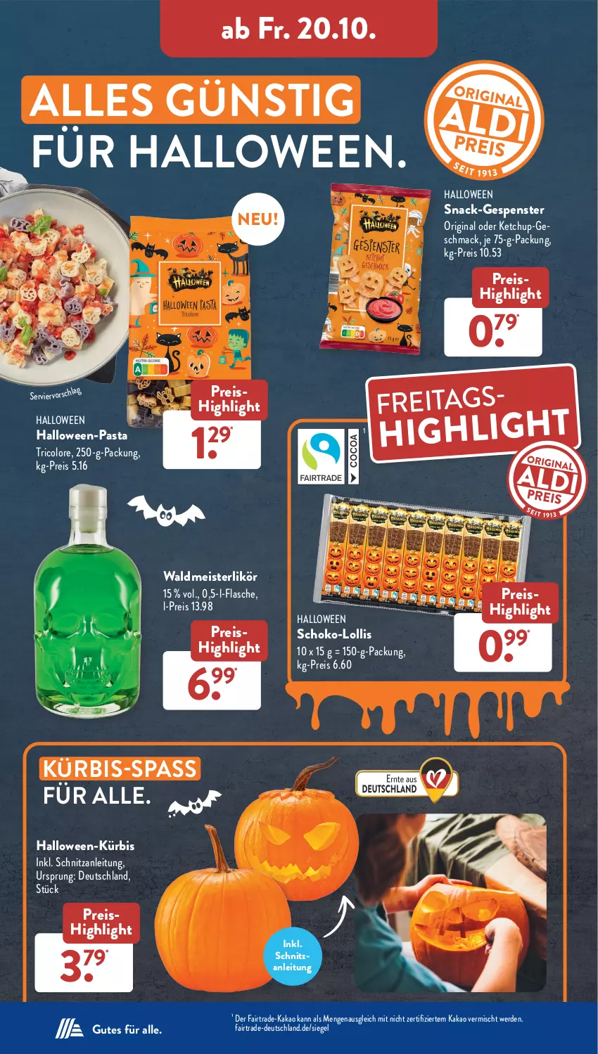 Aktueller Prospekt AldiSud - NÄCHSTE WOCHE - von 16.10 bis 21.10.2023 - strona 35 - produkty: eis, erde, flasche, gin, kakao, ketchup, Kürbis, likör, mac, Meister, pasta, reis, schoko, snack, Ti, tricolore, waldmeister