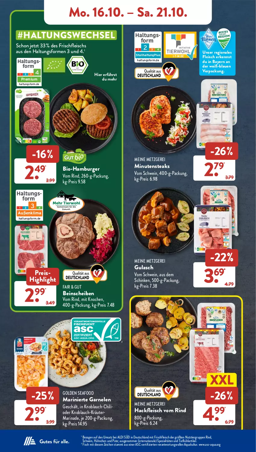 Aktueller Prospekt AldiSud - NÄCHSTE WOCHE - von 16.10 bis 21.10.2023 - strona 6 - produkty: aldi, aqua, bio, burger, chili, eis, fisch, fleisch, garnelen, gsw, gulasch, hackfleisch, hamburger, knoblauch, kräuter, marinade, minutensteaks, pute, reis, rind, schinken, schwein, Spezi, steak, steaks, Ti, wein