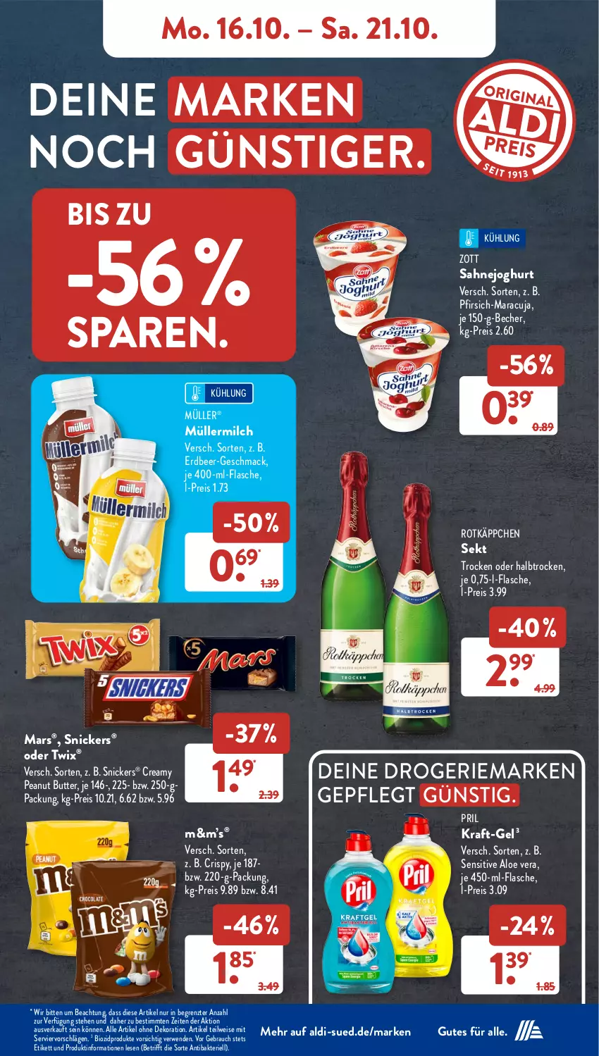 Aktueller Prospekt AldiSud - NÄCHSTE WOCHE - von 16.10 bis 21.10.2023 - strona 7 - produkty: aldi, alle artikel ohne dekoration, aloe vera, Becher, bio, biozidprodukte, butter, dekoration, eis, flasche, joghur, joghurt, kraft, mac, maracuja, mars, milch, Müller, müllermilch, oder twix, peanut butter, pfirsich, pril, Rauch, reis, rotkäppchen, rwe, sahne, Sahnejoghurt, sekt, snickers, Ti, twix, zott, ZTE