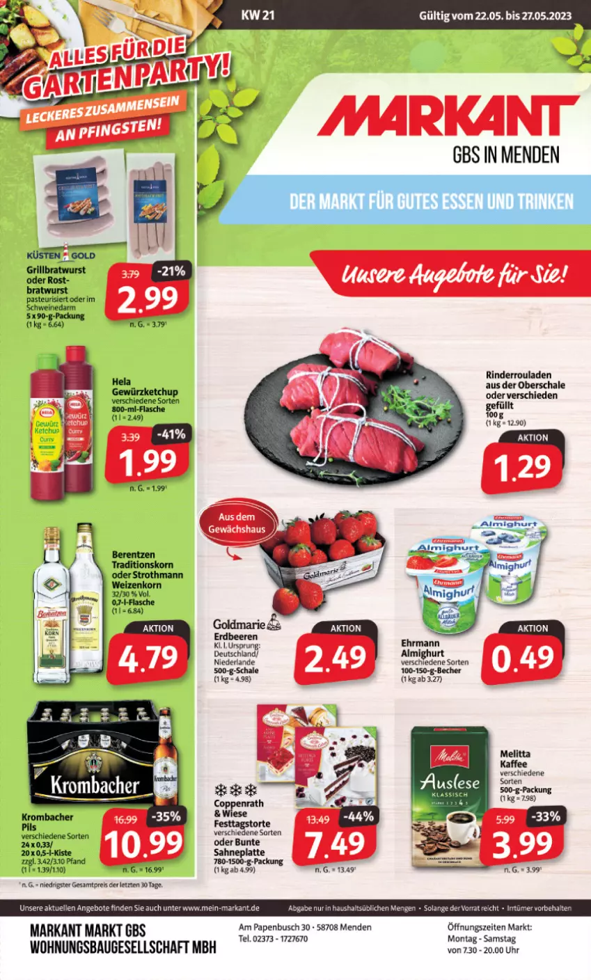 Aktueller Prospekt Markant - Prospekte - von 22.05 bis 27.05.2023 - strona 1 - produkty: angebot, angebote, Bau, Becher, berentzen, bratwurst, coppenrath, eis, elle, flasche, gewürz, gewürzketchup, grill, grillbratwurst, Hela, ketchup, korn, krombache, latte, melitta, reis, rind, rinder, Rinderroulade, rinderrouladen, rouladen, sahne, Schal, Schale, schwein, schweine, Ti, torte, uhr, wein, weine, weizenkorn, wurst, ZTE