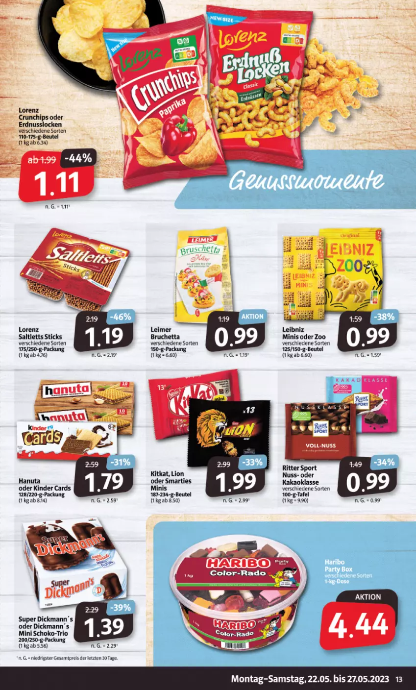 Aktueller Prospekt Markant - Prospekte - von 22.05 bis 27.05.2023 - strona 13 - produkty: beutel, chips, crunchips, eimer, eis, erdnuss, haribo, kakao, Kinder, kitkat, leibniz, leimer, lion, lorenz, nuss, reis, ritter, ritter sport, saltletts, schoko, smarties, Sport, Ti, ZTE