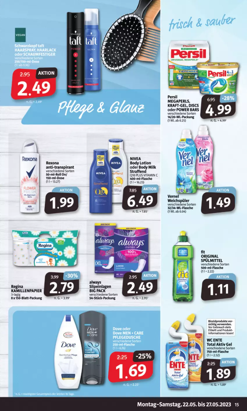 Aktueller Prospekt Markant - Prospekte - von 22.05 bis 27.05.2023 - strona 15 - produkty: aktiv gel, body, body lotion, body milk, ente, flasche, gin, Kamill, kamille, kraft, Lotion, megaperls, nivea, papier, Q10, Rauch, rexona, spülmittel, Ti, vernel, vita, Vitamin C, wc ente, weichspüler