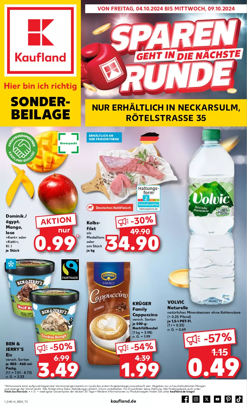 Aktueller Prospekt Kaufland - Extra-Angebote - von 04.10 bis 09.10.2024 - strona 1 - produkty: Alwa, angebot, angebote, beutel, bsf, Cap, cappuccino, cin, eis, elle, filet, fleisch, ilag, Kalbfleisch, krüger, mango, medaillons, mineralwasser, natur, natürliches mineralwasser, reis, rel, Ti, volvic, wasser, ZTE