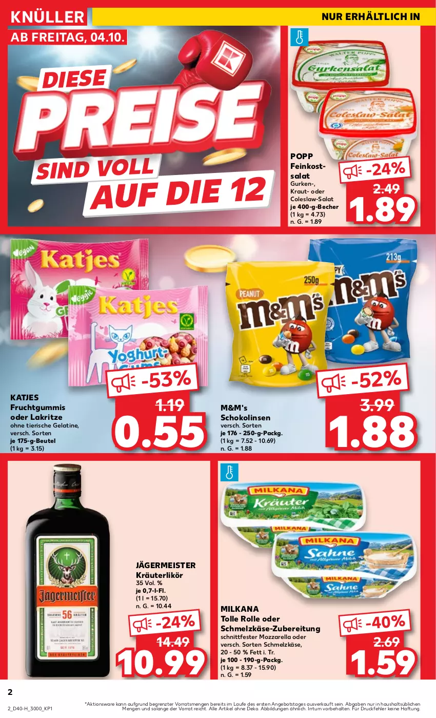 Aktueller Prospekt Kaufland - Extra-Angebote - von 04.10 bis 09.10.2024 - strona 2 - produkty: angebot, Becher, beutel, Coleslaw, eis, feinkost, frucht, fruchtgummi, fruchtgummis, gelatine, Germ, gurke, gurken, jägermeister, Käse, katjes, Kraut, kräuter, kräuterlikör, Lakritz, likör, linsen, Meister, milka, milkana, mozzarella, oder lakritz, Popp, rel, salat, Schmelzkäse, schoko, Schokolinsen, Ti, ZTE