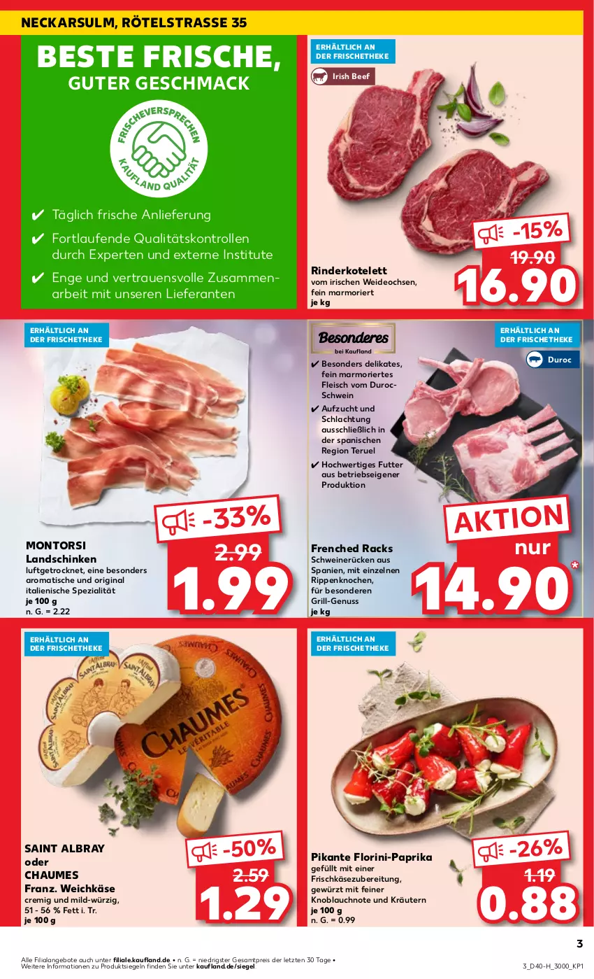 Aktueller Prospekt Kaufland - Extra-Angebote - von 04.10 bis 09.10.2024 - strona 3 - produkty: albray, angebot, angebote, beef, chaumes, deo, eis, fleisch, frischkäse, frischkäsezubereitung, gewürz, gin, grill, Käse, knoblauch, kotelett, kräuter, kräutern, landschinken, Laufen, mac, montorsi, nuss, paprika, reis, rind, rinder, Rippen, saint albray, schinken, schwein, schweine, schweinerücken, Spezi, Ti, tisch, weichkäse, wein, weine, ZTE