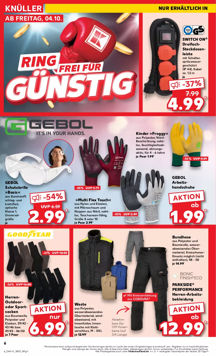 Aktueller Prospekt Kaufland - Extra-Angebote - von 04.10 bis 09.10.2024 - strona 6 - produkty: angebot, angebote, Bau, baumwolle, Brille, eis, handschuhe, hose, hosen, Kinder, kleid, Kleidung, LG, Parkside, reis, Ria, ring, Schal, schuhe, Schutzbrille, socken, Sport, sportsocken, steckdose, Steckdosenleiste, Tasche, Ti, tisch, touchscreen, wasser, Weste, wolle, ZTE