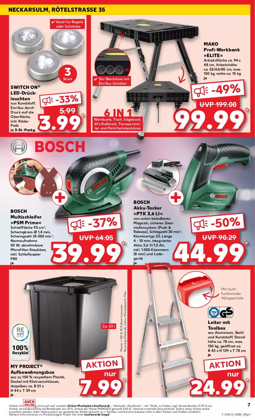 Aktueller Prospekt Kaufland - Extra-Angebote - von 04.10 bis 09.10.2024 - strona 7 - produkty: akku, asti, aufbewahrungsbox, Bank, bosch, Clin, decke, Deckel, eis, erde, Klammern, ladegerät, lamm, Leuchte, leuchten, magazin, ndk, papier, Parkside, Rauch, regal, reis, rel, Ria, Roller, säge, Schal, Schale, Schleifpapier, schuhe, Sport, steckdose, Ti, tisch, versandkostenfrei