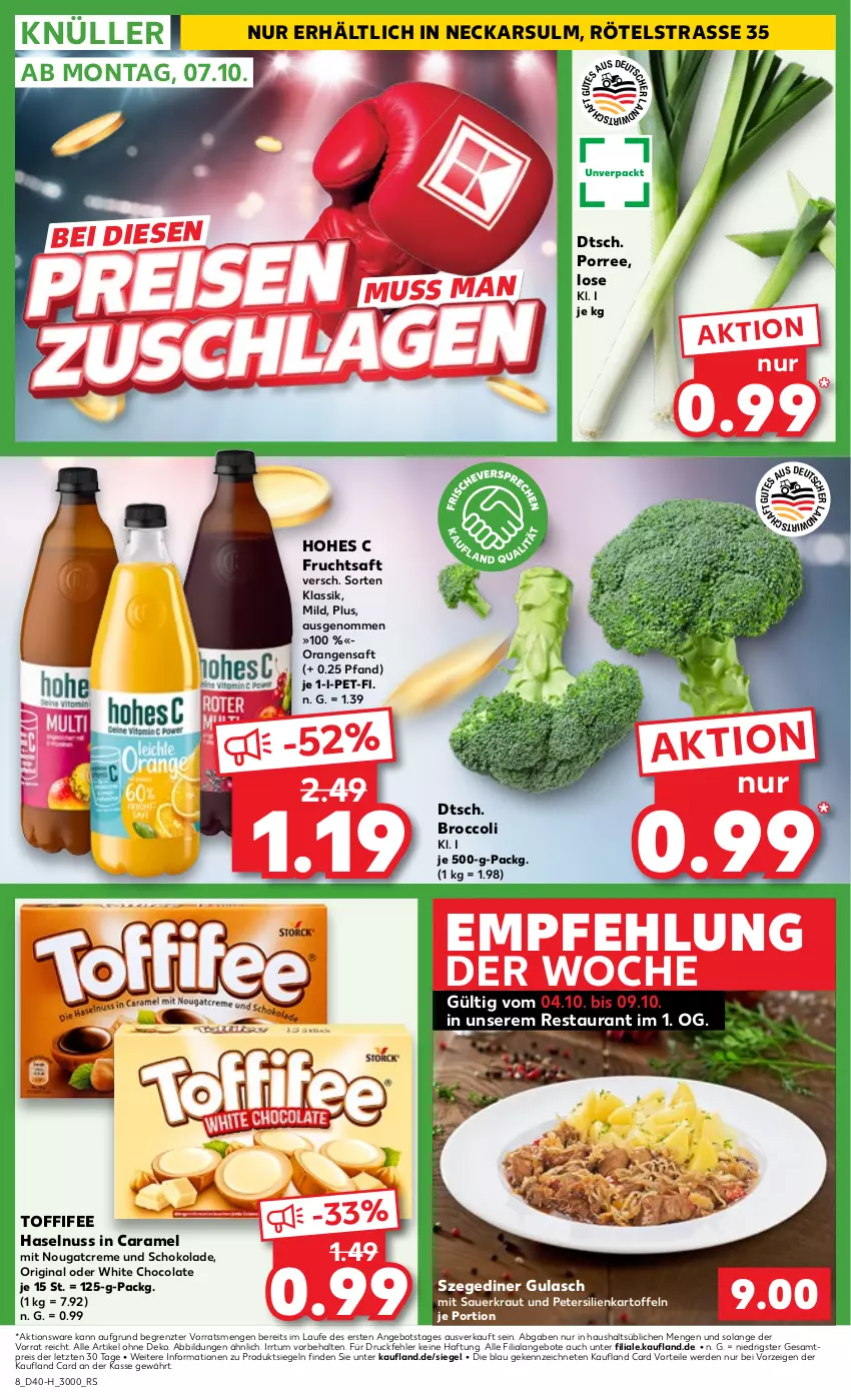 Aktueller Prospekt Kaufland - Extra-Angebote - von 04.10 bis 09.10.2024 - strona 8 - produkty: angebot, angebote, auer, broccoli, caramel, cola, creme, eis, erde, frucht, fruchtsaft, gin, gulasch, haselnuss, Hohes C, kartoffel, kartoffeln, Kraut, Nougatcreme, nuss, orange, orangen, orangensaft, petersilie, reis, saft, Sauerkraut, schoko, schokolade, Ti, toffifee, white chocolate, ZTE