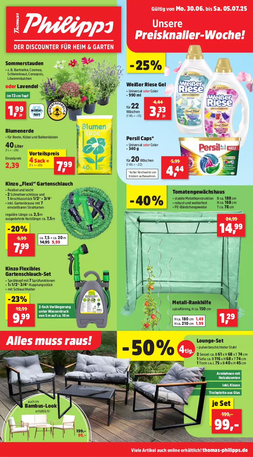 Aktueller Prospekt Thomas Philipps - von 30.06 bis 05.07.2025 - strona 1 - produkty: armlehnen, bambus, blume, blumen, blumenerde, brause, Cap, cosmea, eier, eis, ente, erde, Garten, Gartenbrause, gartenschlauch, Gewächshaus, Holz, HP, Kinder, kissen, Kraut, latte, lavendel, LG, lounge-set, oreo, persil, reis, sac, schlauch, sessel, Sofa, stauden, Ti, tisch, tischplatte, tomate, tomaten, topf, vorteilspreis, wasser