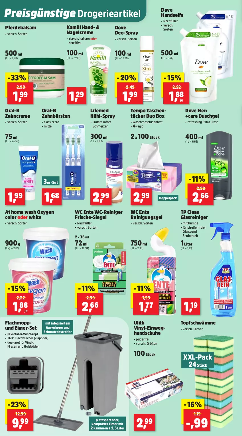 Aktueller Prospekt Thomas Philipps - von 30.06 bis 05.07.2025 - strona 12 - produkty: balsam, bürste, bürsten, creme, deo, dove, duschgel, eimer, Einweghandschuhe, eis, ente, erde, Glasreiniger, handschuhe, Handseife, Holz, Kamill, mikrofaser, oral-b, reifen, reiniger, Reinigung, Reinigungsgel, reis, ring, schuhe, Seife, Tasche, taschen, taschentücher, Tempo, Ti, topf, tücher, waschmaschine, waschmaschinen, wc ente, wc-reiniger, zahnbürste, zahnbürsten, zahncreme