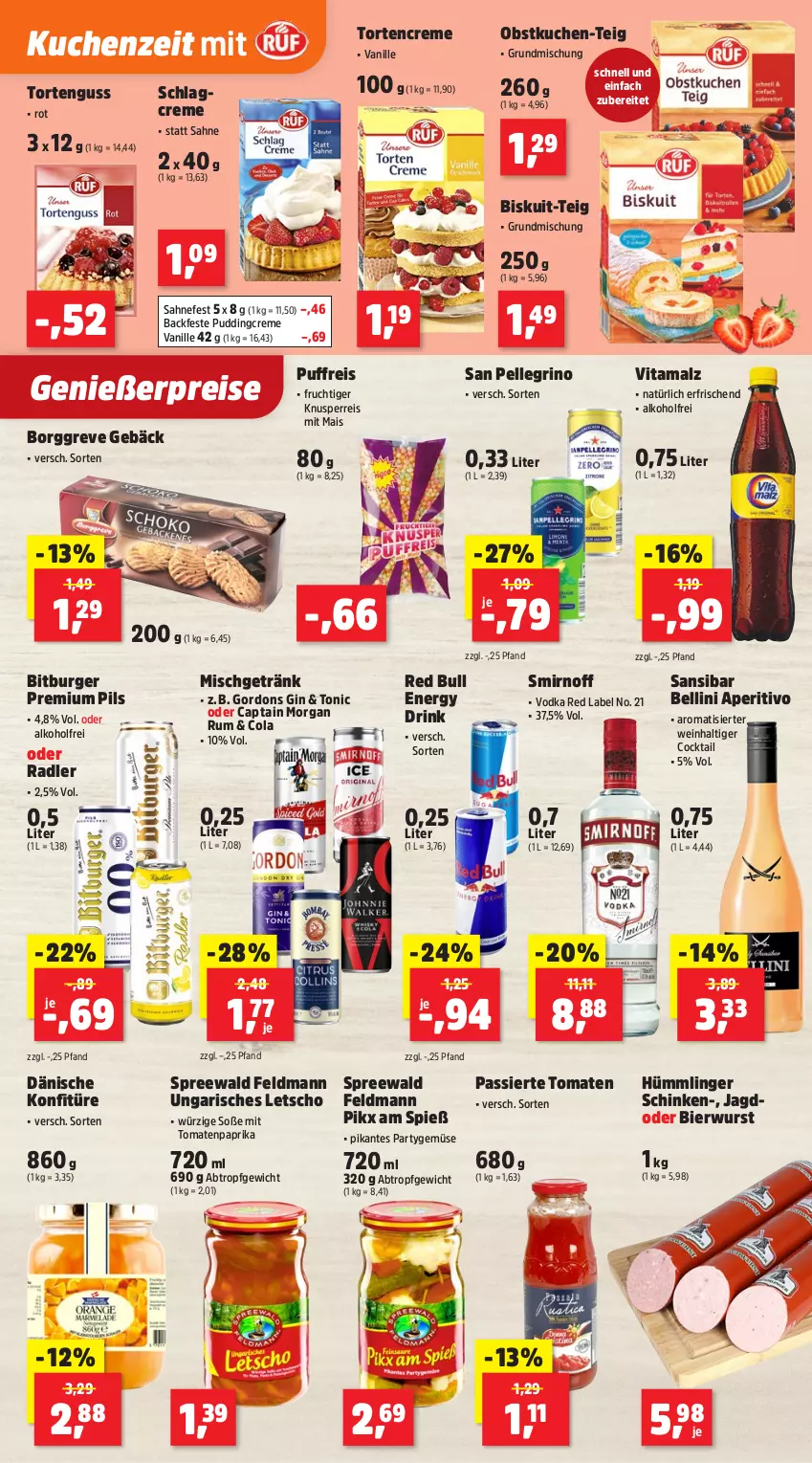 Aktueller Prospekt Thomas Philipps - von 30.06 bis 05.07.2025 - strona 13 - produkty: alkohol, bier, bitburger, burger, Cap, captain morgan, cocktail, cola, creme, drink, eis, elle, energy drink, frucht, getränk, gin, gordon, gordons, konfitüre, kuchen, Letscho, mais, malz, obst, oder radler, paprika, pils, premium pils, pudding, radler, red bull, reis, rum, sahne, san pellegrino, schinken, smirnoff, Soße, Ti, tomate, tomaten, tonic, torte, tortenguss, vanille, vita, vitamalz, vodka, wein, wurst
