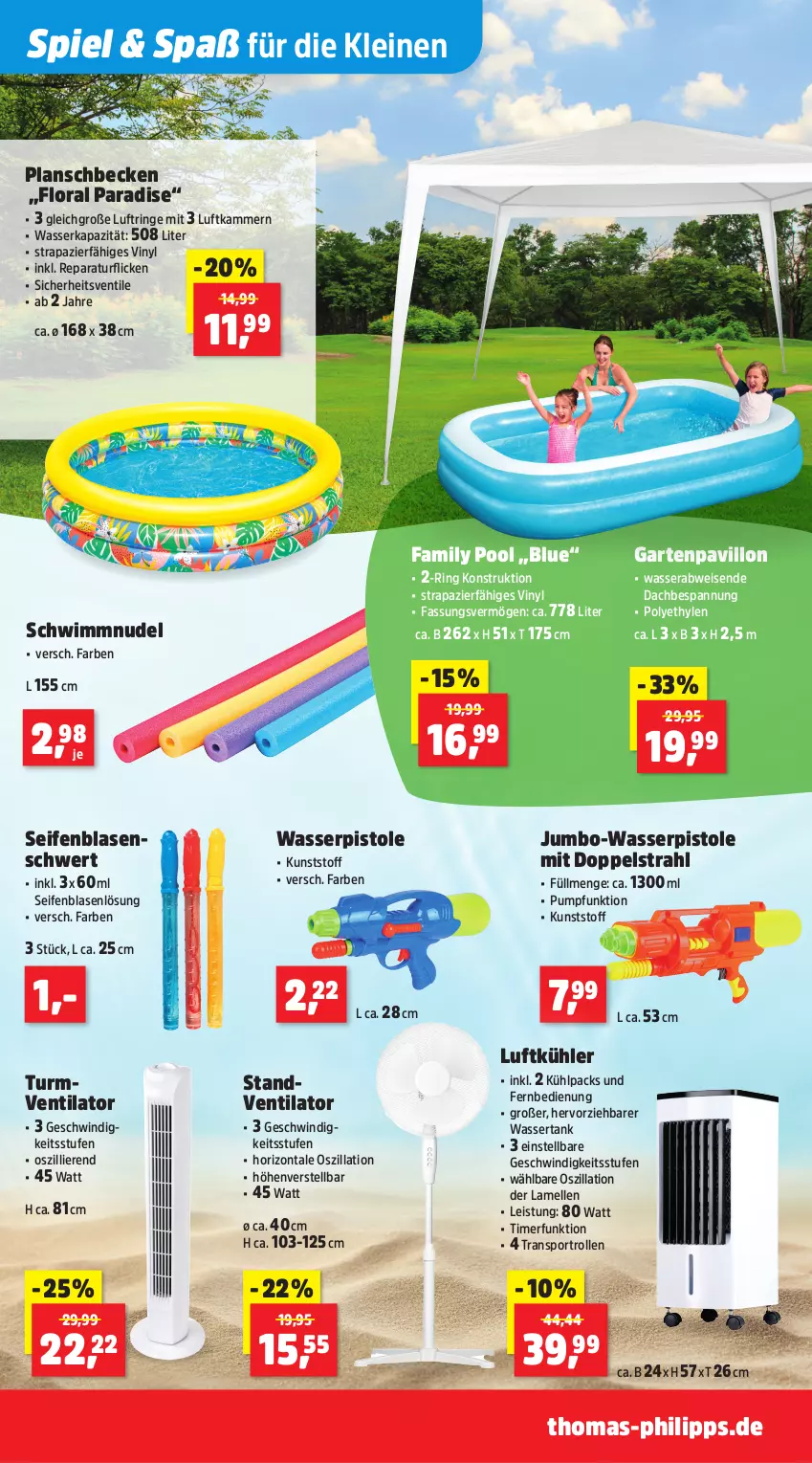 Aktueller Prospekt Thomas Philipps - von 30.06 bis 05.07.2025 - strona 7 - produkty: eis, elle, family pool, fernbedienung, Garten, jumbo, leine, nudel, pavillon, planschbecken, pool, ring, Schwimmnudel, Seife, Sport, standventilator, Ti, timer, turmventilator, ventilator, wasser, wasserpistole, wassertank