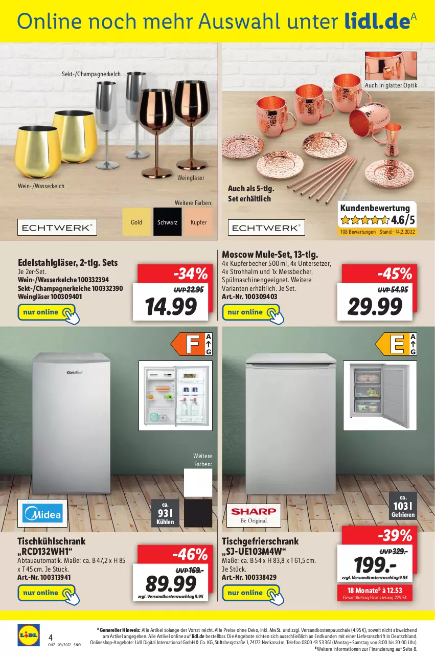 Aktueller Prospekt Lidl - Wochen-Highlights im Onlineshop - von 28.02 bis 06.03.2022 - strona 4 - produkty: abtauautomatik, angebot, angebote, auto, Becher, champagne, champagner, edelstahl, eis, elle, gefrierschrank, Gläser, kühlschrank, latte, LG, Messbecher, ndk, reis, rel, Ria, Schal, Schale, Schrank, sekt, spülmaschinen, telefon, Ti, tisch, uhr, Untersetzer, wasser, wein, Weingläser