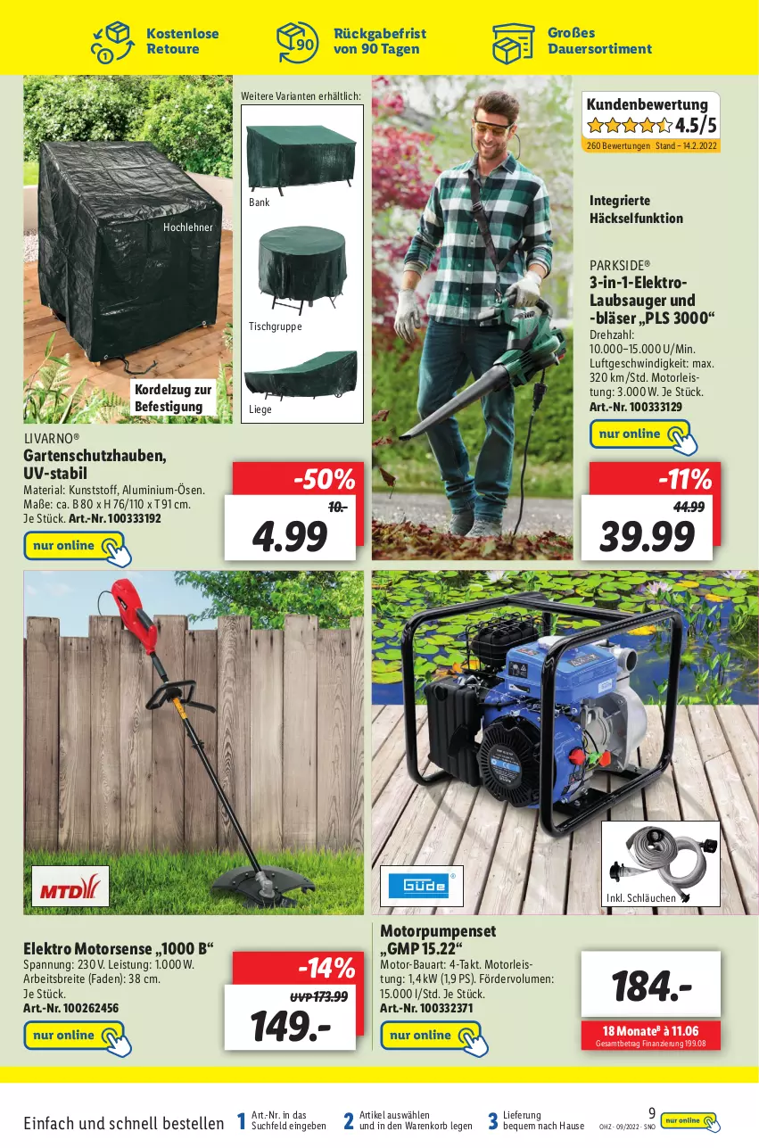 Aktueller Prospekt Lidl - Wochen-Highlights im Onlineshop - von 28.02 bis 06.03.2022 - strona 9 - produkty: auer, Bank, Bau, Brei, eis, Elektro, elle, Garten, korb, Laubsauger, Liege, Motorsense, Parkside, Ria, schläuche, Ti, tisch