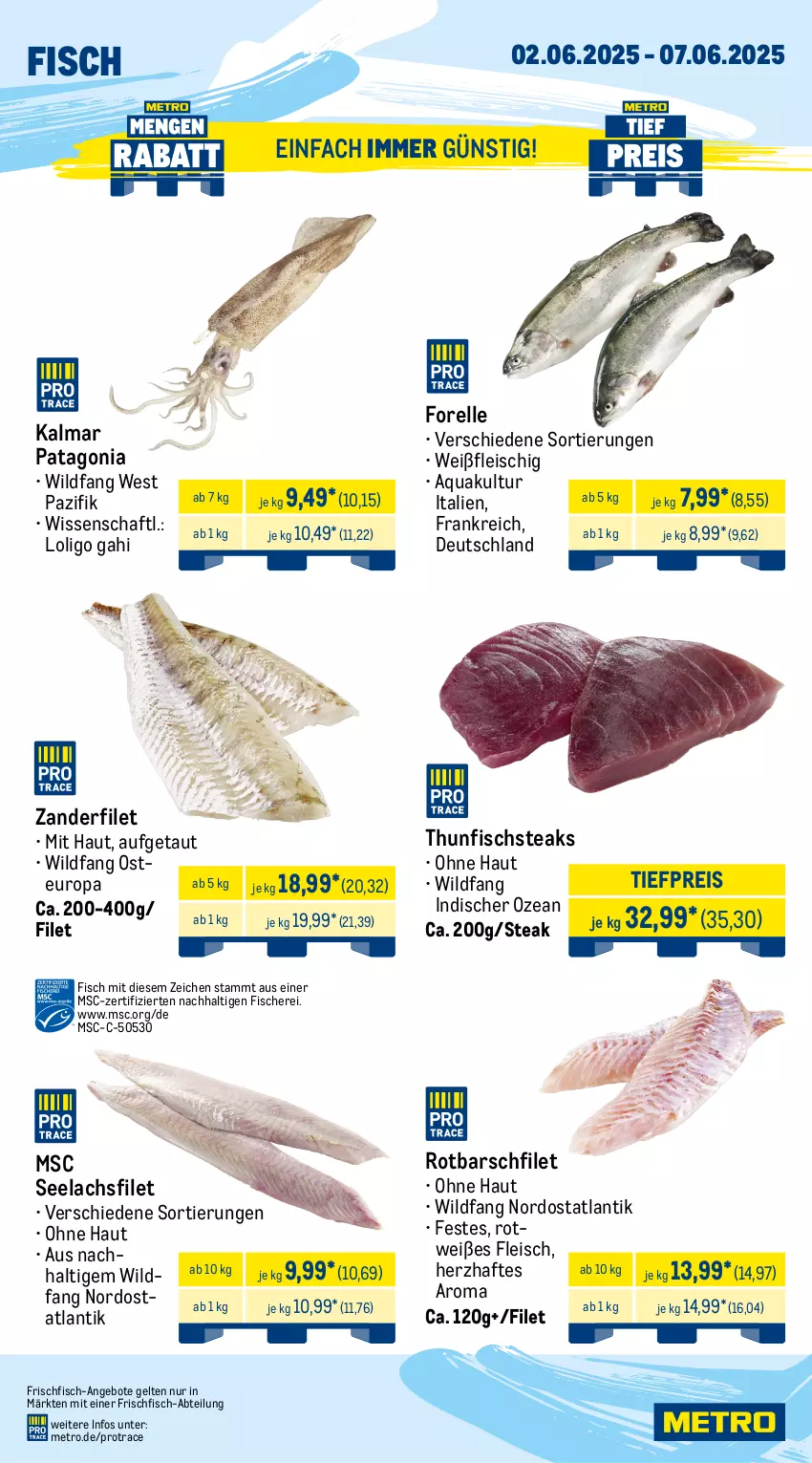 Aktueller Prospekt Metro - Wochen-Angebote - von 02.06 bis 07.06.2025 - strona 5 - produkty: Abtei, angebot, angebote, aqua, axe, bsf, eis, elle, filet, fisch, fische, Fischer, fleisch, forelle, frischfisch, Haxe, Kette, lachs, lachsfilet, Metro, reis, rel, Rotbarsch, rotbarschfilet, Schere, seelachsfilet, steak, steaks, thunfisch, Ti, tiefpreis, Wild, Zander
