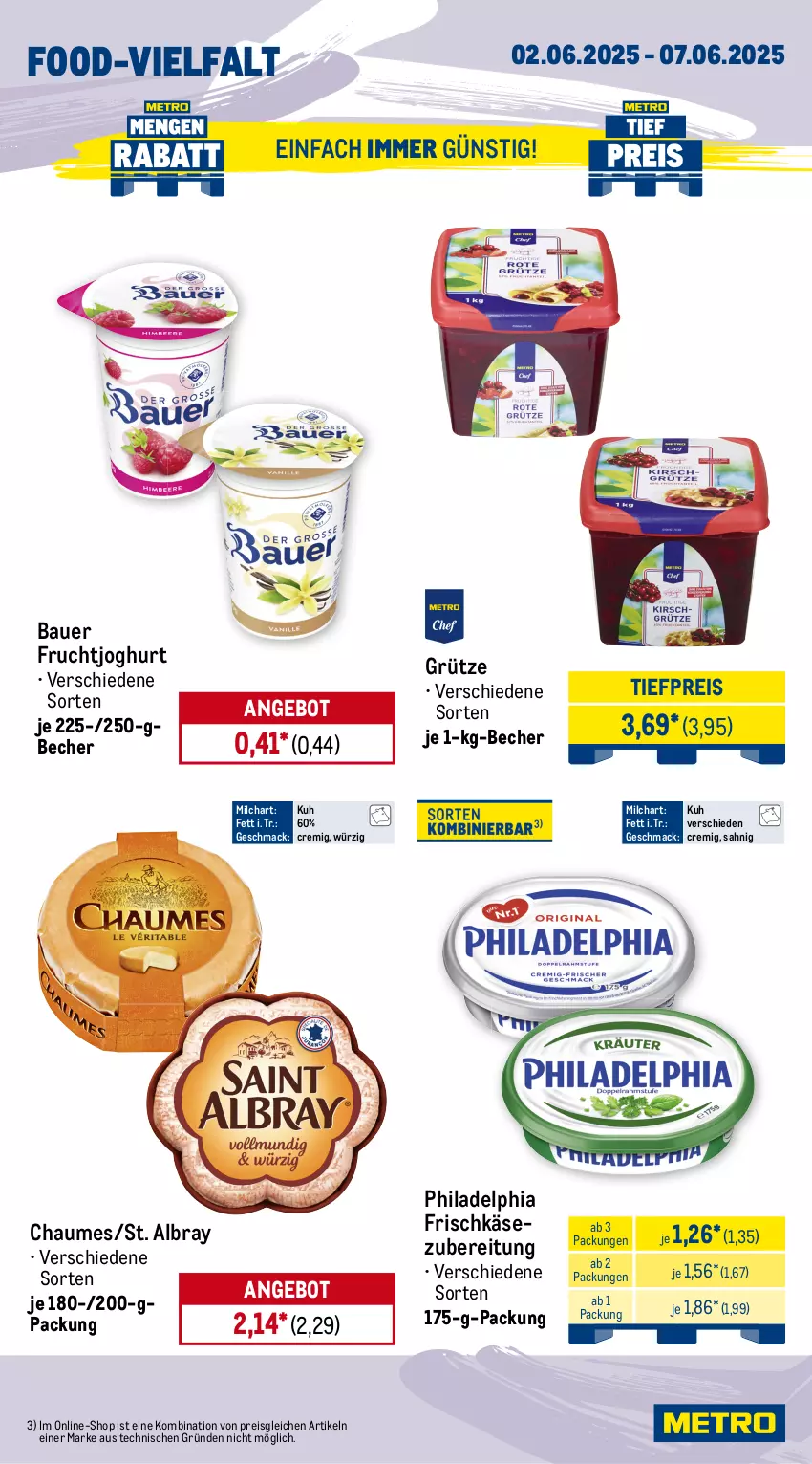 Aktueller Prospekt Metro - Wochen-Angebote - von 02.06 bis 07.06.2025 - strona 9 - produkty: albray, angebot, auer, Bau, Bauer, Becher, chaumes, cocktail, eis, frischkäse, frischkäsezubereitung, frucht, fruchtjoghurt, grütze, joghur, joghurt, Käse, küche, Küchen, Lauchzwiebel, lauchzwiebeln, mac, mais, milch, obst, philadelphia, reis, rispentomaten, spargel, St. Albray, Ti, tiefpreis, tomate, tomaten, zucker, zuckermais, zwiebel, zwiebeln