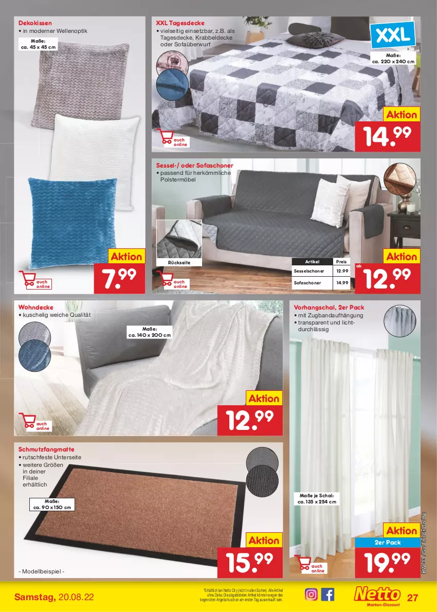 Aktueller Prospekt Netto Marken-Discount - Filial-Angebote - von 15.08 bis 20.08.2022 - strona 27 - produkty: angebot, decke, dekokissen, dell, eis, elle, kissen, Krabbeldecke, möbel, Mode, reis, Schal, schmutzfangmatte, sessel, Sofa, Sofaüberwurf, tagesdecke, Ti, ZTE