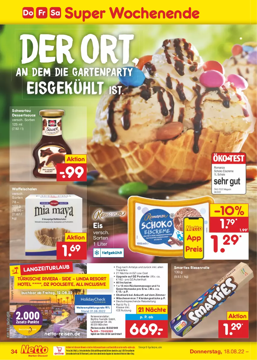 Aktueller Prospekt Netto Marken-Discount - Filial-Angebote - von 15.08 bis 20.08.2022 - strona 34 - produkty: Berger, bestpreis, buch, dessert, desserts, dessertsauce, eis, Garten, Gesichtsmaske, kleid, Kleidung, korb, Maske, ndk, obst, pool, reis, reiseveranstalter, sauce, Schal, Schale, Schwartau, smarties, Ti, uhr, usb, versandkostenfrei